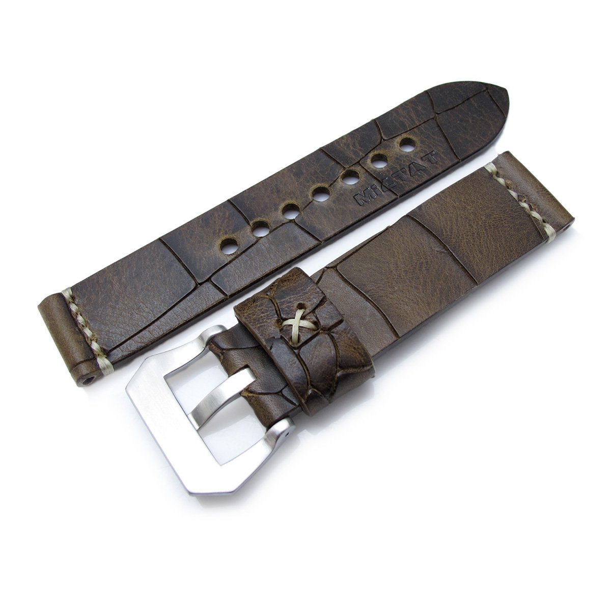 MiLTAT Zizz Collection 22mm Cracked Croco Dark Brown Watch Strap, Beige Stitching
