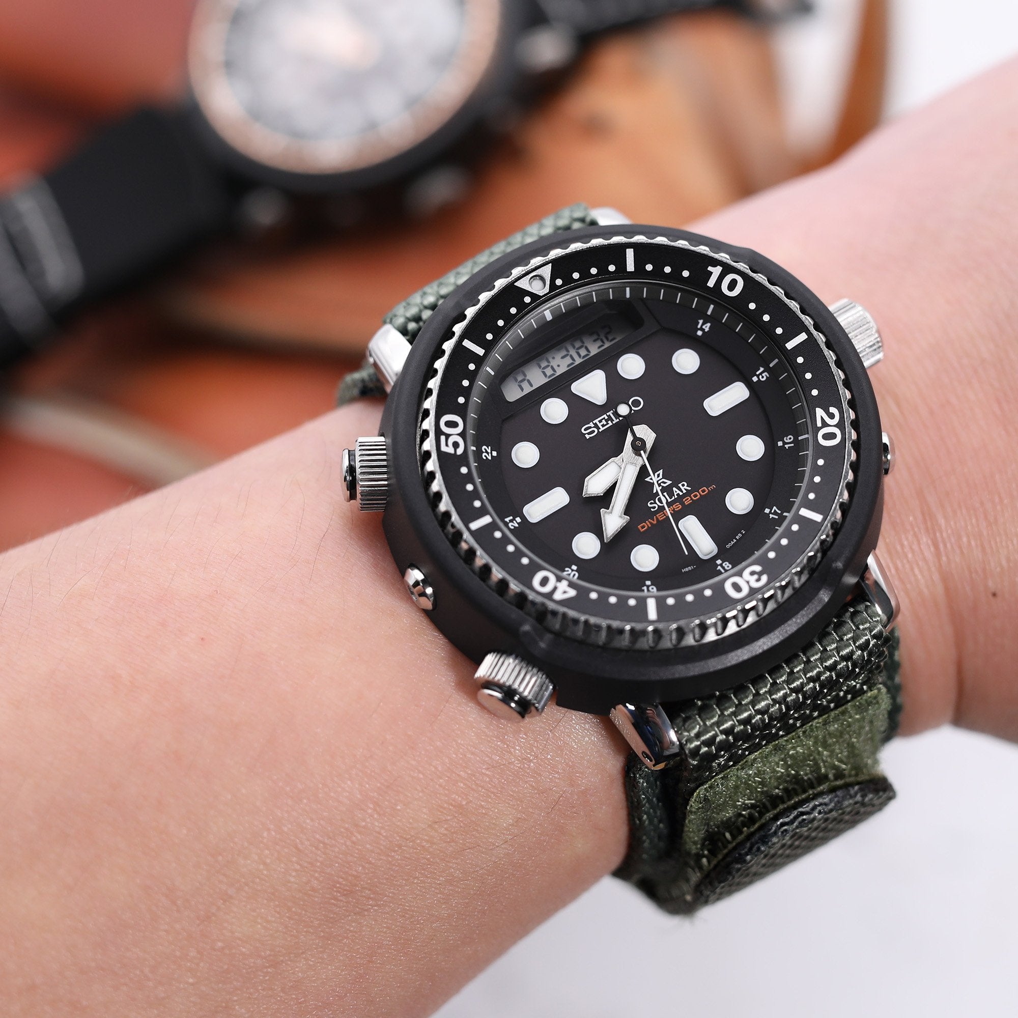 22mm MiLTAT Honeycomb Military Green Nylon Velcro Fastener Watch Strap, Brushed Stainless Buckle, XL