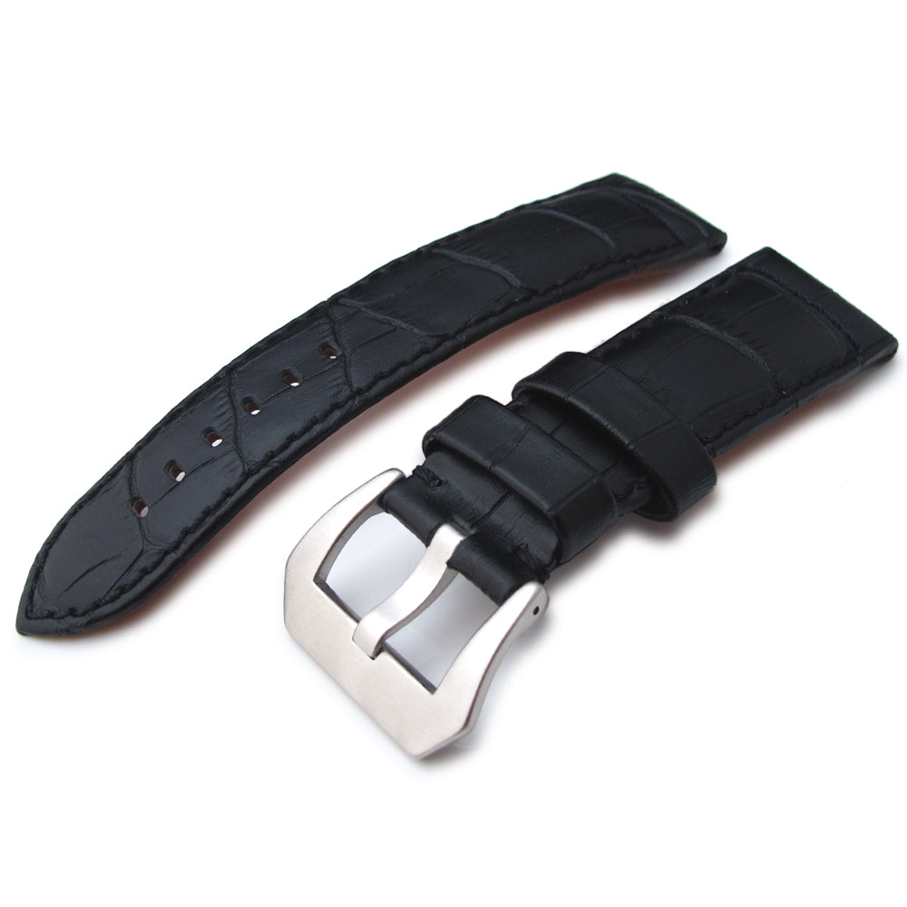 24mm CrocoCalf (Croco Grain) Matte Black Watch Strap with Black Stitches