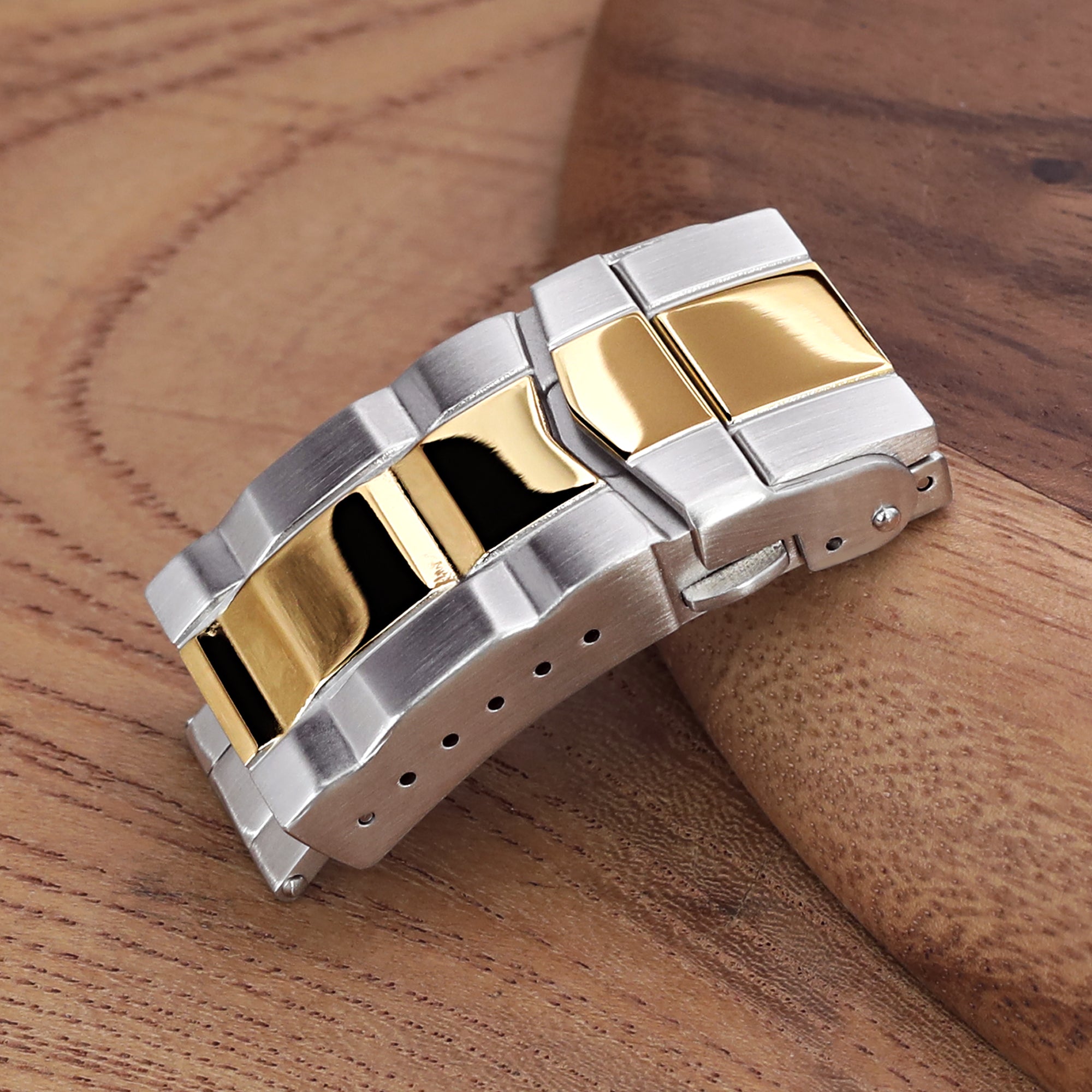 16mm or 18mm Solid 316L Stainless Steel Double Locks SUB Diver Clasp, Button Control, 2-tone IP Polished Gold