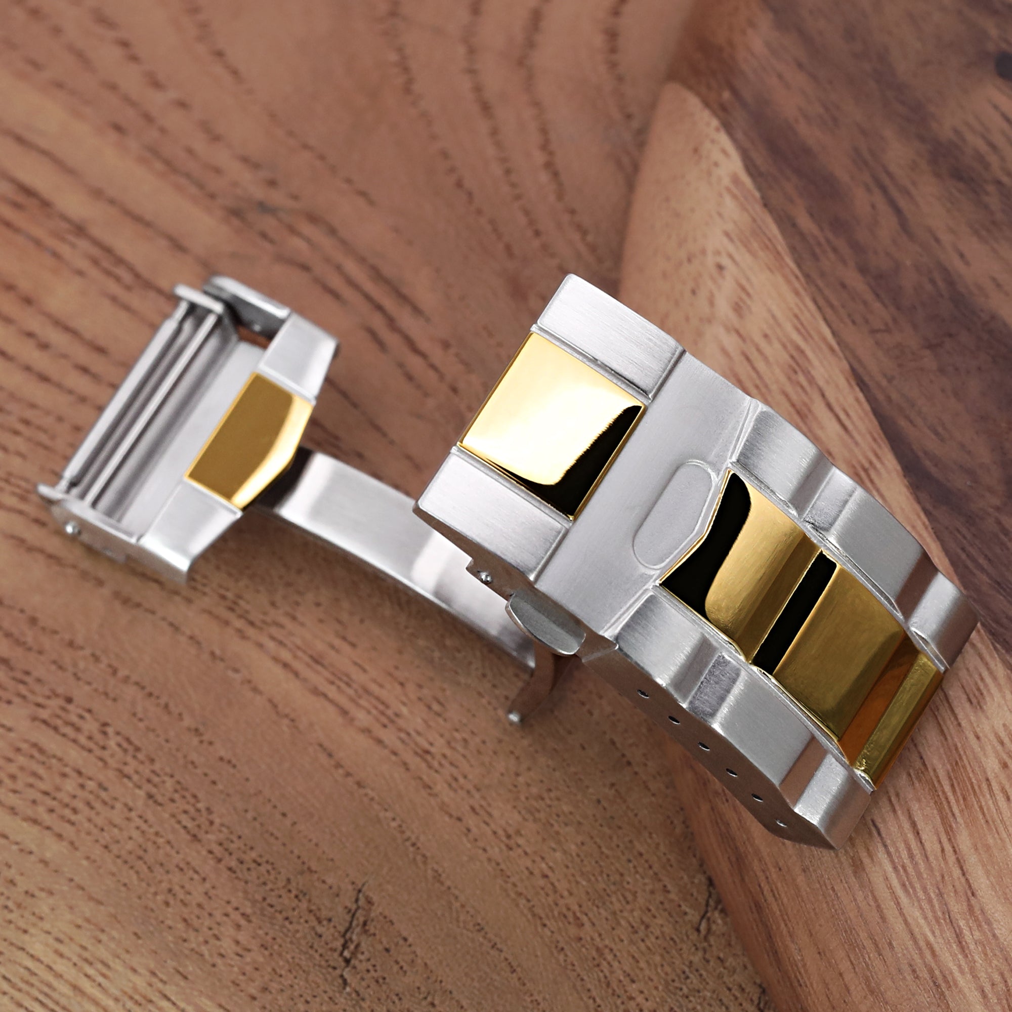 16mm or 18mm Solid 316L Stainless Steel Double Locks SUB Diver Clasp, Button Control, 2-tone IP Polished Gold