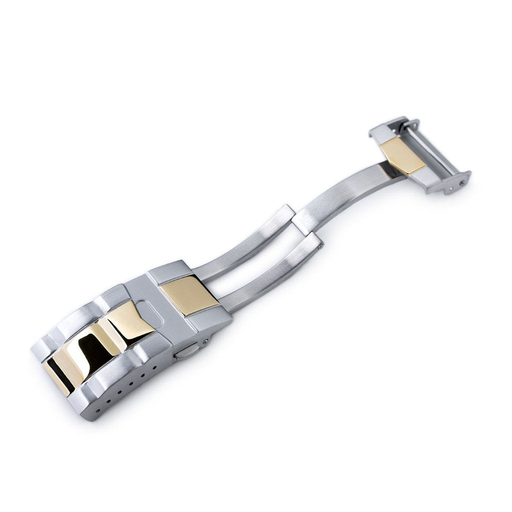 16mm or 18mm Solid 316L Stainless Steel Double Locks SUB Diver Clasp, Button Control, 2-tone IP Polished Gold
