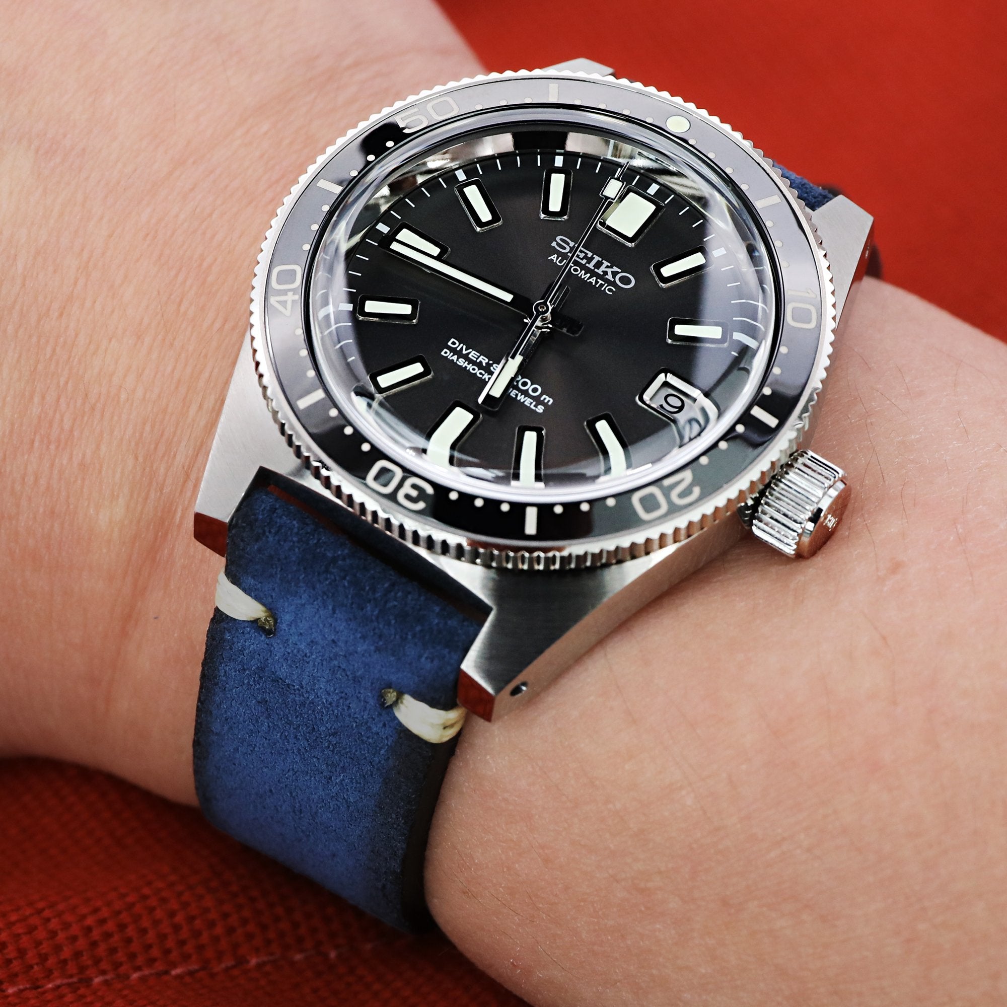 Navy Blue 19mm, 20mm, 21mm, 22mm MiLTAT Quick Release Nubuck Leather Watch Strap, Beige Stitching, Sandblasted