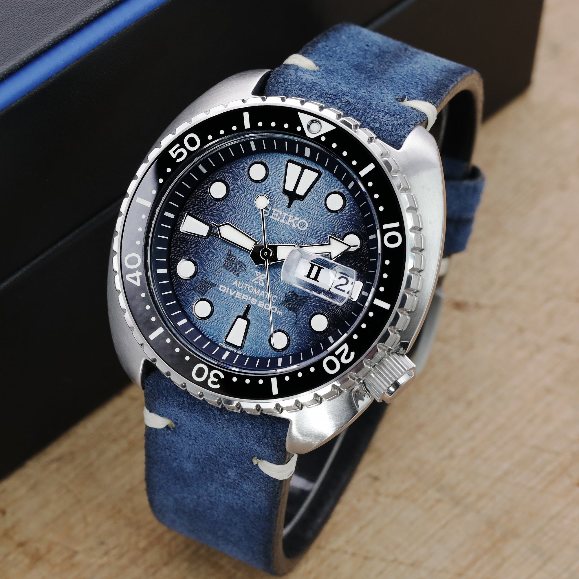 Navy Blue 19mm, 20mm, 21mm, 22mm MiLTAT Quick Release Nubuck Leather Watch Strap, Beige Stitching, Sandblasted