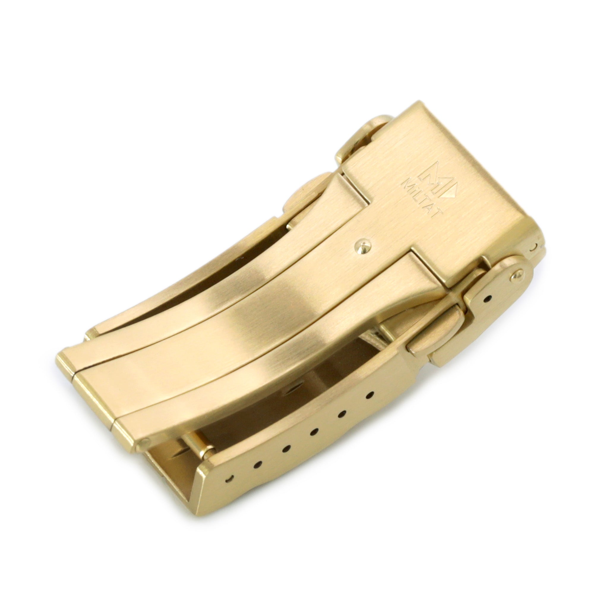 16mm or 18mm Solid 316L Stainless Steel Double Locks SUB Diver Clasp, Button Control, Brushed IP Gold