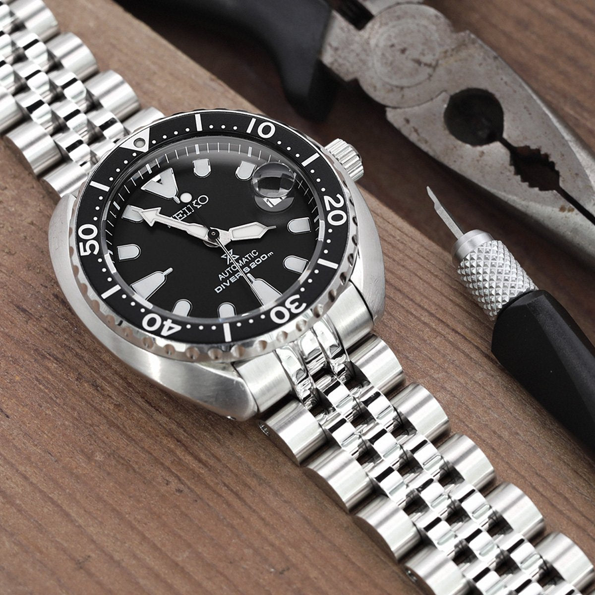 20mm Angus-J Louis Watch Band for Seiko Mini Turtles SRPC35 SBDY109 SBDY085, Stainless Steel - Brushed with Polished Center, V Diver Clasp