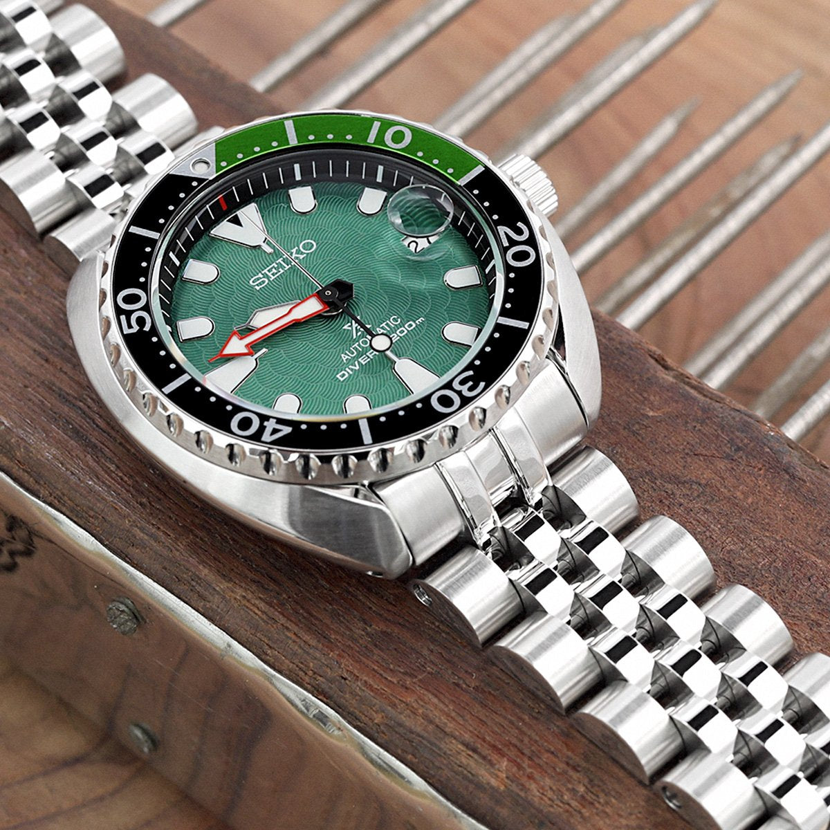 20mm Angus-J Louis Watch Band for Seiko Mini Turtles SRPC35 SBDY109 SBDY085, Stainless Steel - Brushed with Polished Center, V Diver Clasp
