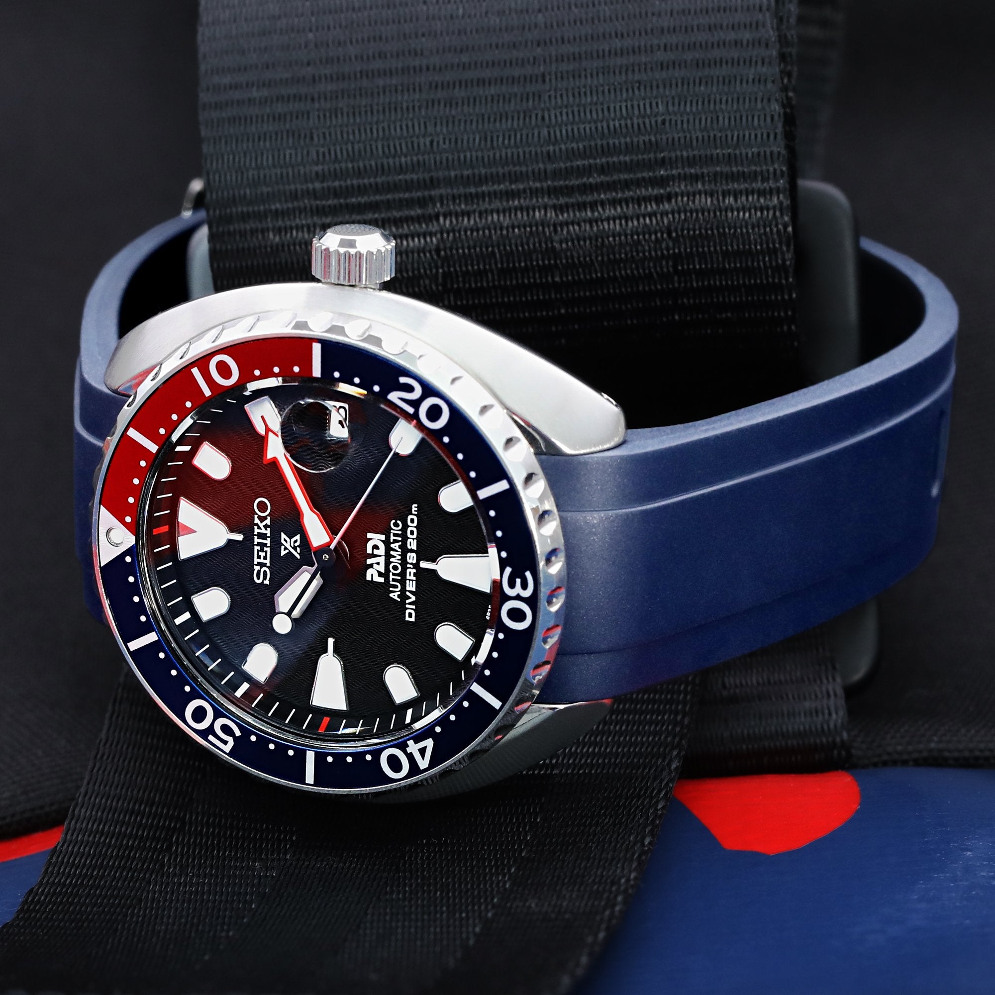 20mm Crafter Blue - Dark Blue Rubber Curved Lug Watch Strap compatible with Seiko Baby MM200 & Mini Turtles
