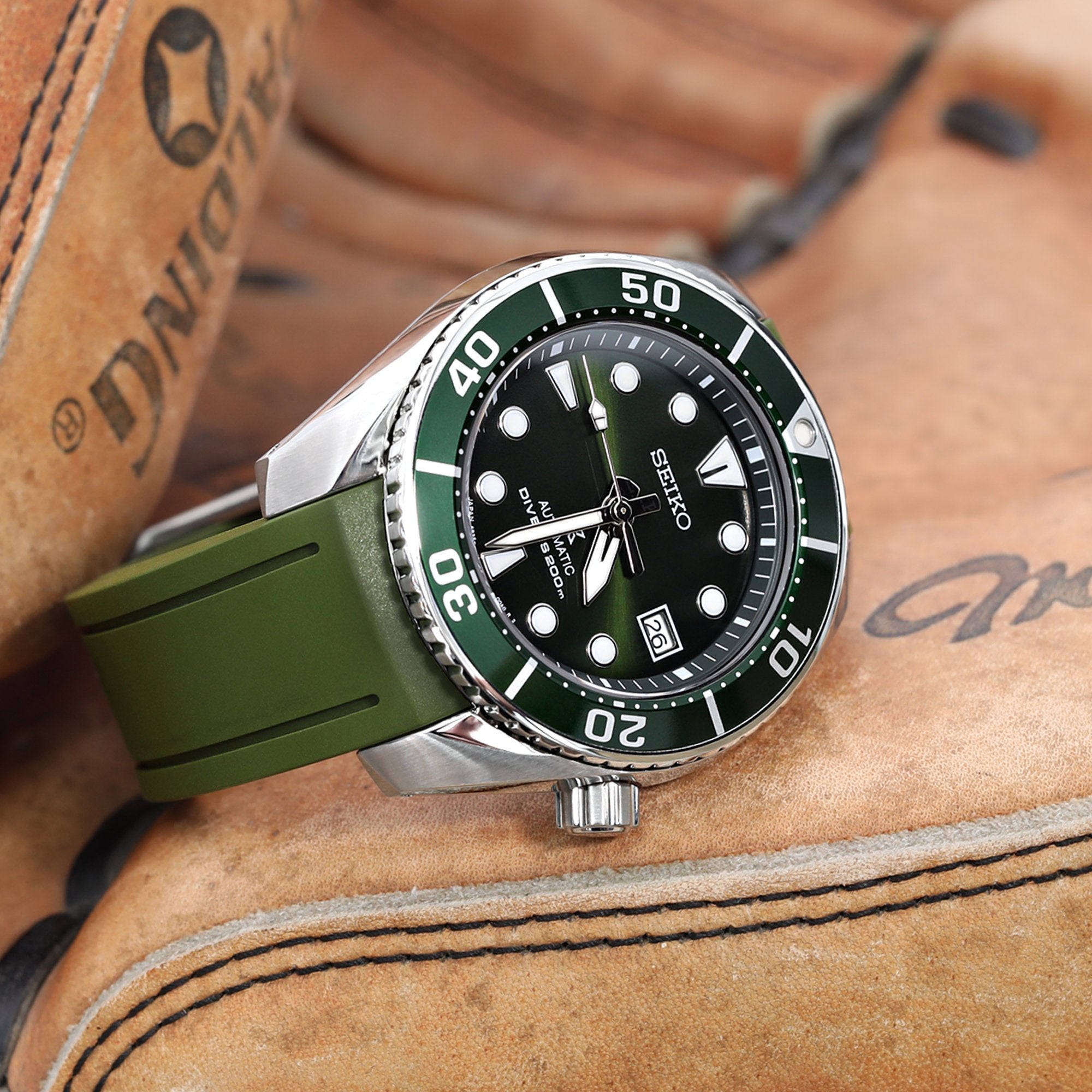 20mm Crafter Blue - Military Green Rubber Curved Lug Watch Band compatible with Seiko Sumo SBDC001, SBDC031 & SPB101