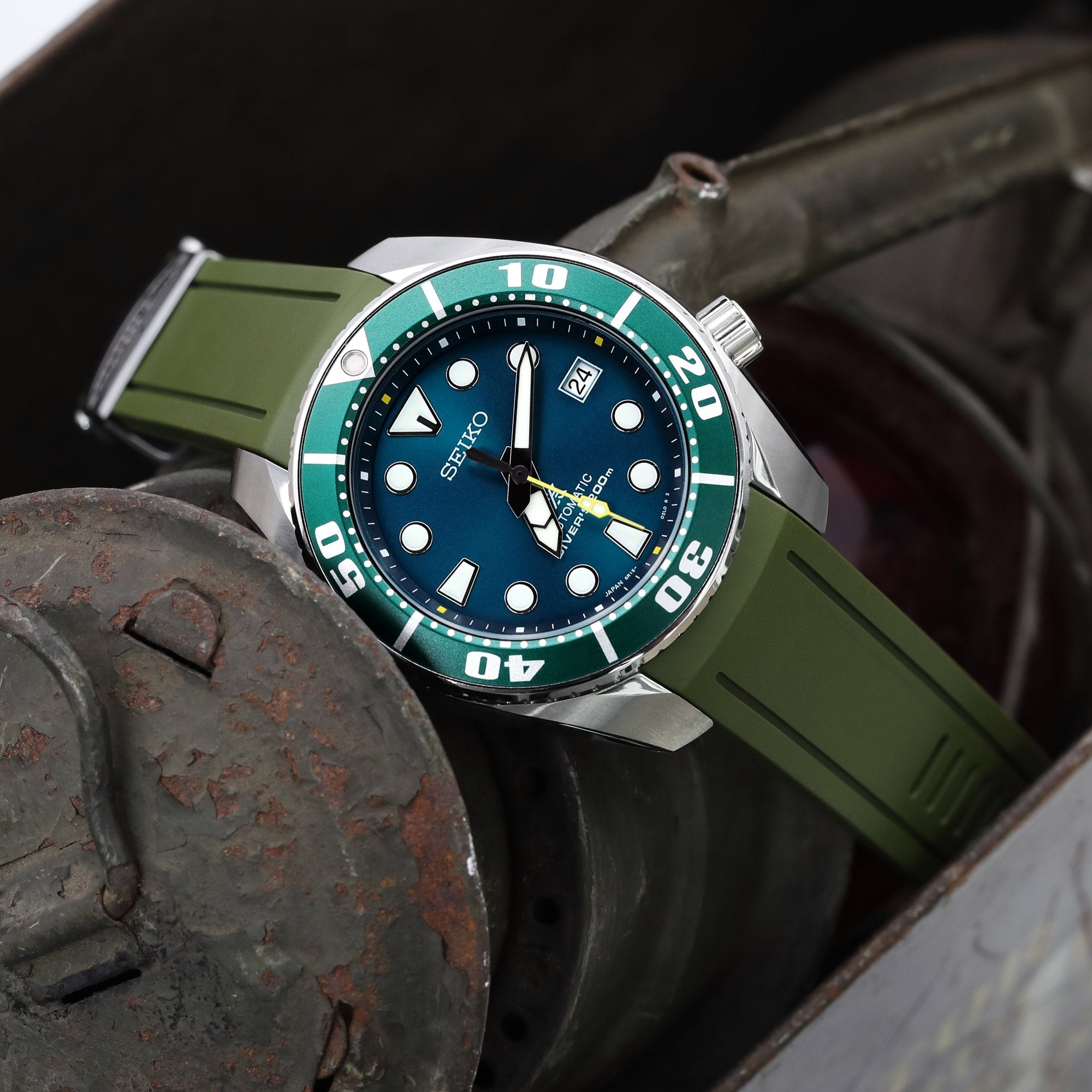20mm Crafter Blue - Military Green Rubber Curved Lug Watch Band compatible with Seiko Sumo SBDC001, SBDC031 & SPB101