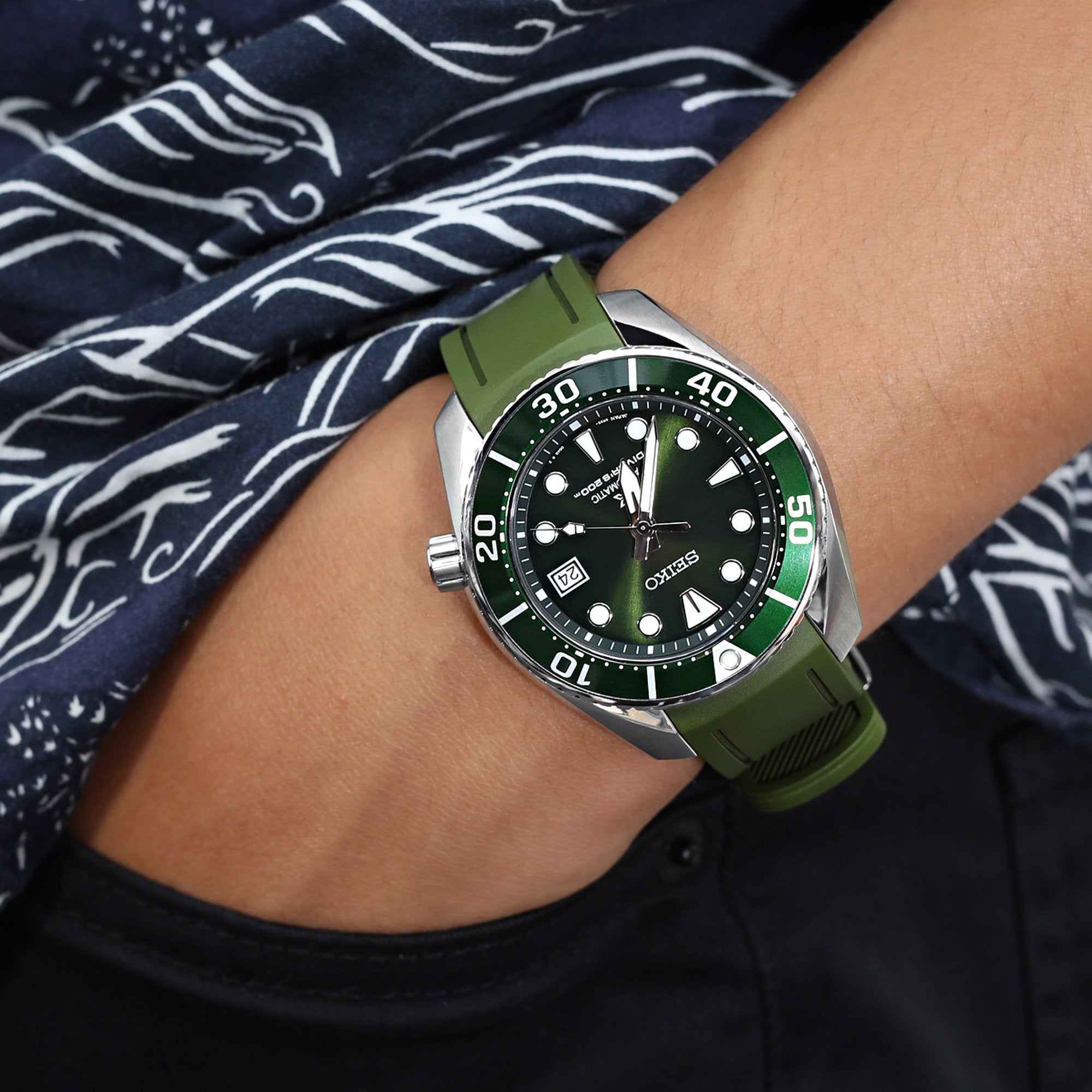 20mm Crafter Blue - Military Green Rubber Curved Lug Watch Band compatible with Seiko Sumo SBDC001, SBDC031 & SPB101