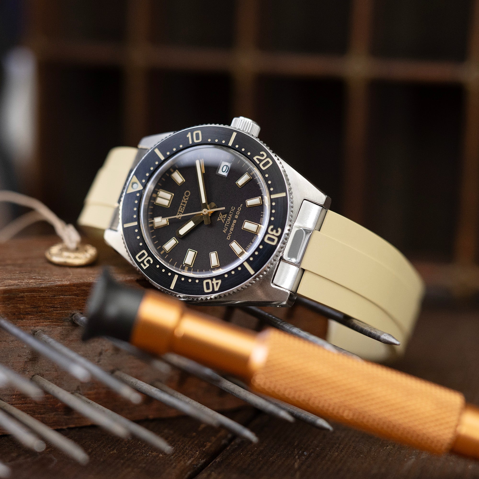 20mm Crafter Blue - MX03-143 Tan FKM Rubber Strap With End Links For Seiko 63MAS Diver 40.50mm SPB143 SPB145