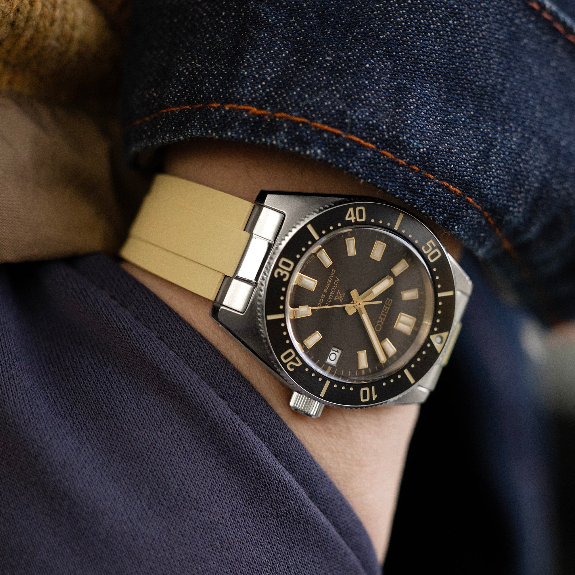 20mm Crafter Blue - MX03-143 Tan FKM Rubber Strap With End Links For Seiko 63MAS Diver 40.50mm SPB143 SPB145