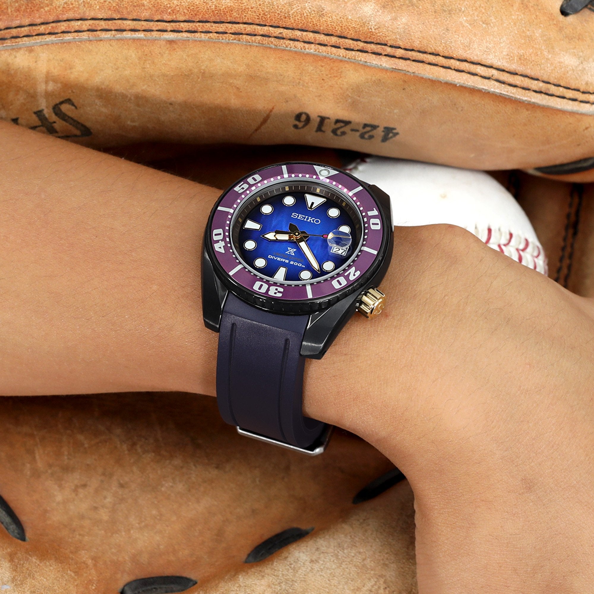 20mm Crafter Blue - Navy Blue Rubber Curved Lug Watch Band compatible with Seiko Sumo SBDC001, SBDC031 & SPB101