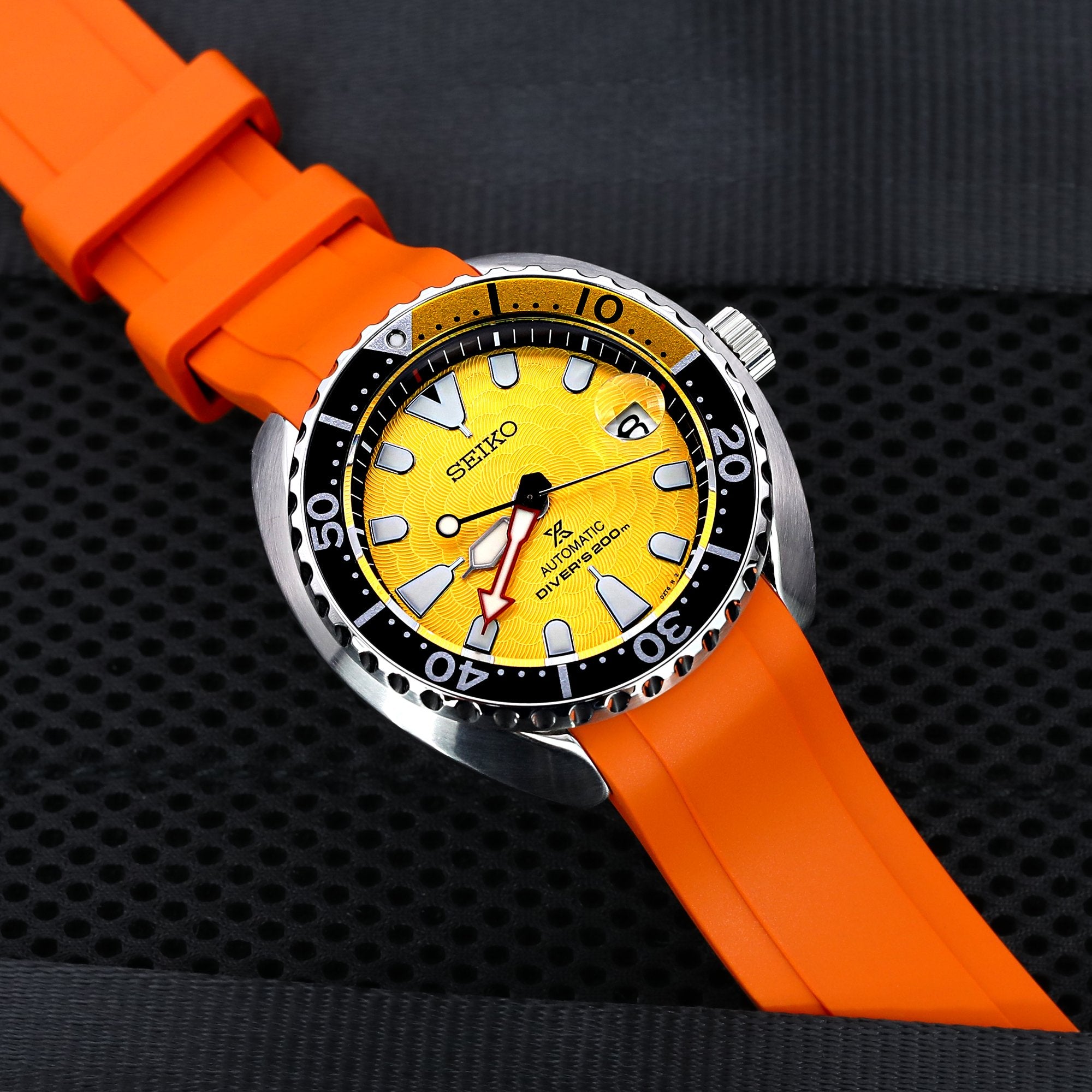 20mm Crafter Blue - Orange Rubber Curved Lug Watch Strap compatible with Seiko Baby MM200 & Mini Turtles SRPC35