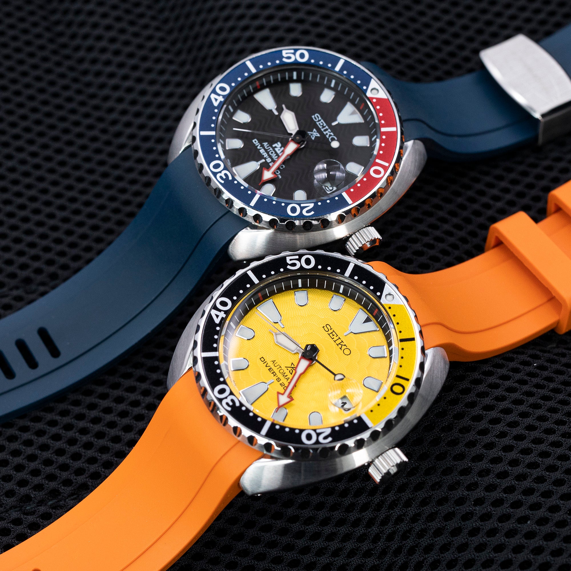 20mm Crafter Blue - Orange Rubber Curved Lug Watch Strap compatible with Seiko Baby MM200 & Mini Turtles SRPC35