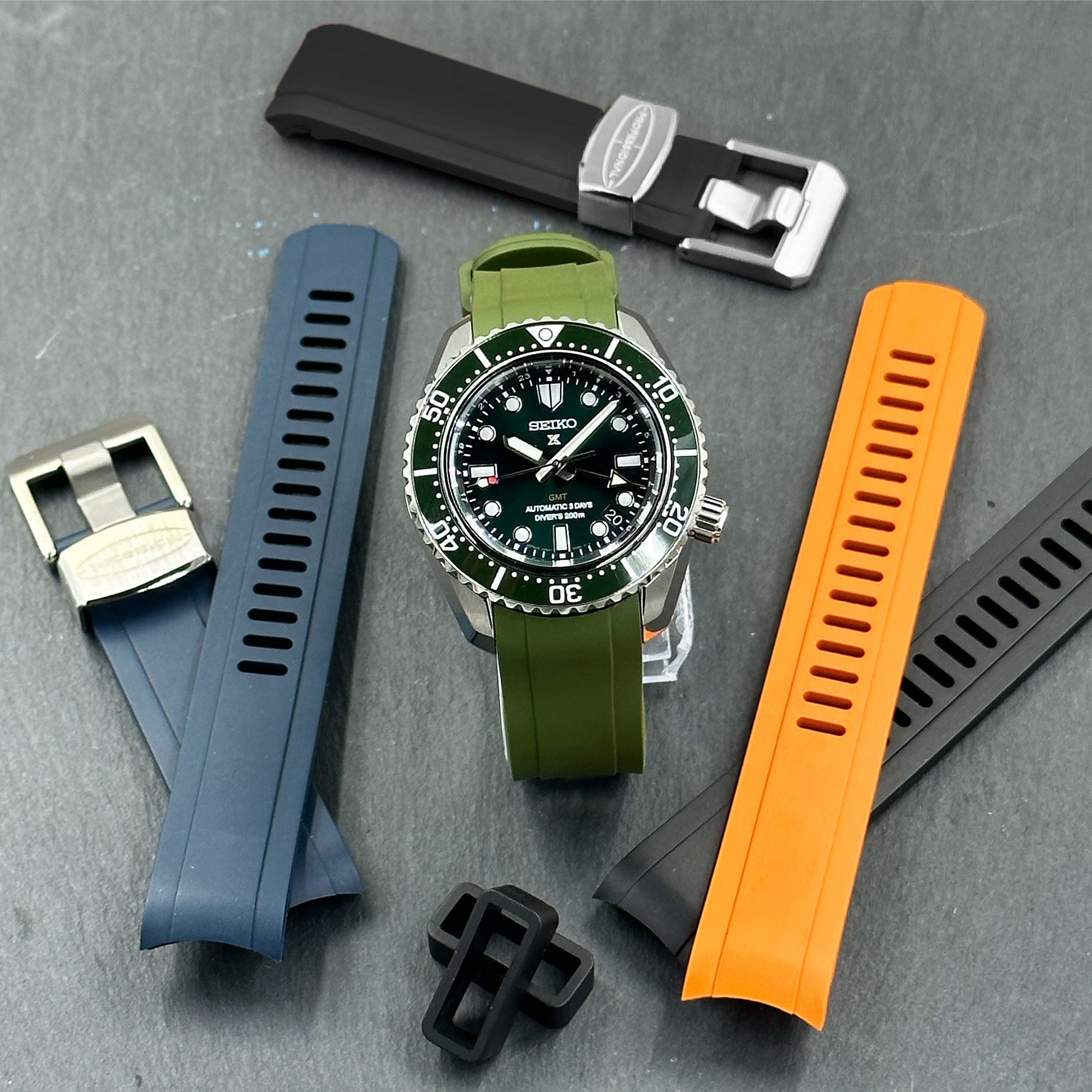 20mm Crafter Blue - Orange Rubber Curved Lug Watch Strap compatible with Seiko Baby MM200 & Mini Turtles SRPC35