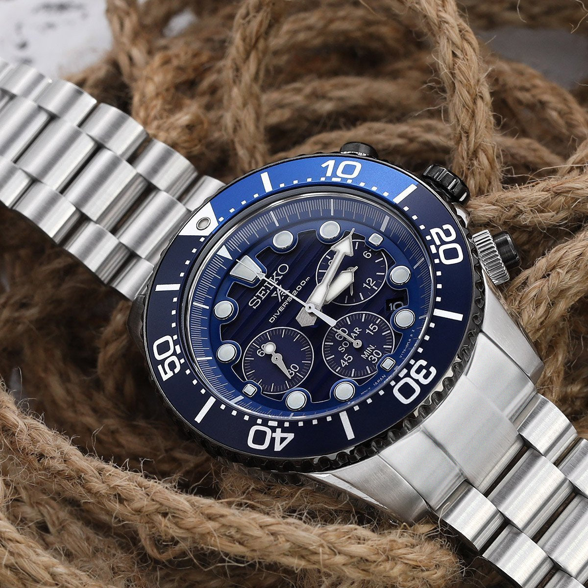20mm Endmill Watch Band compatible with Seiko Solar Power SSC015, Diver Clasp Brushed