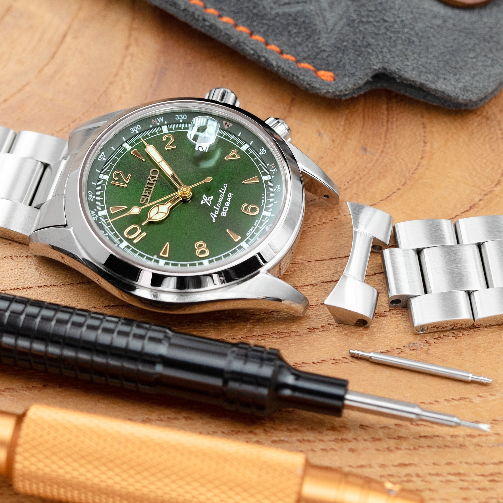 20mm Insert Endlink Super-O Boyer Watch Band for Seiko Alpinist SARB017 SPB155 SBEJ005 (compatible with Hamilton Khaki H70455733), Stainless Steel - Brushed, V Diver Clasp
