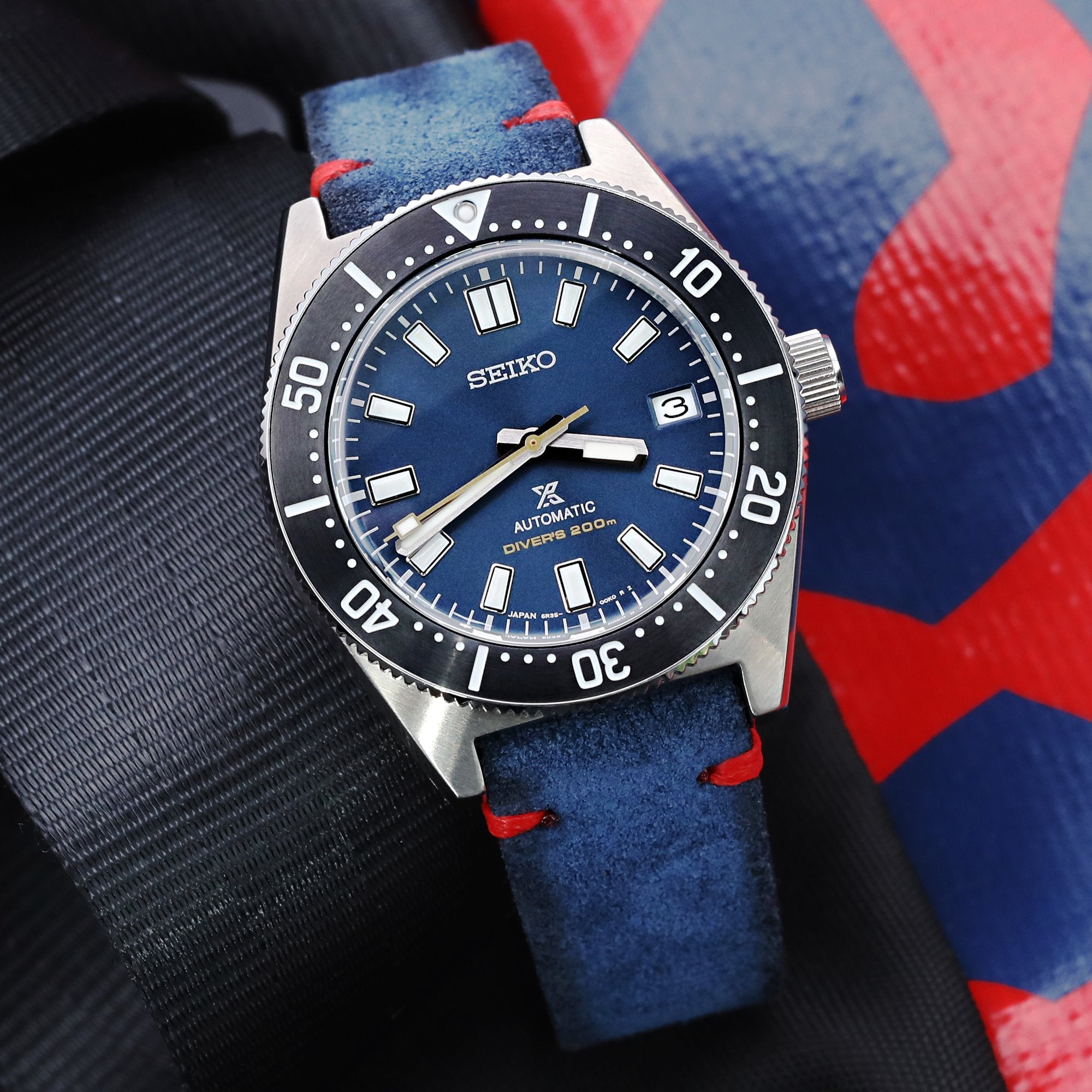 Navy Blue 19mm, 20mm, 21mm, 22mm MiLTAT Quick Release Nubuck Leather Watch Strap, Red Stitching, Sandblasted