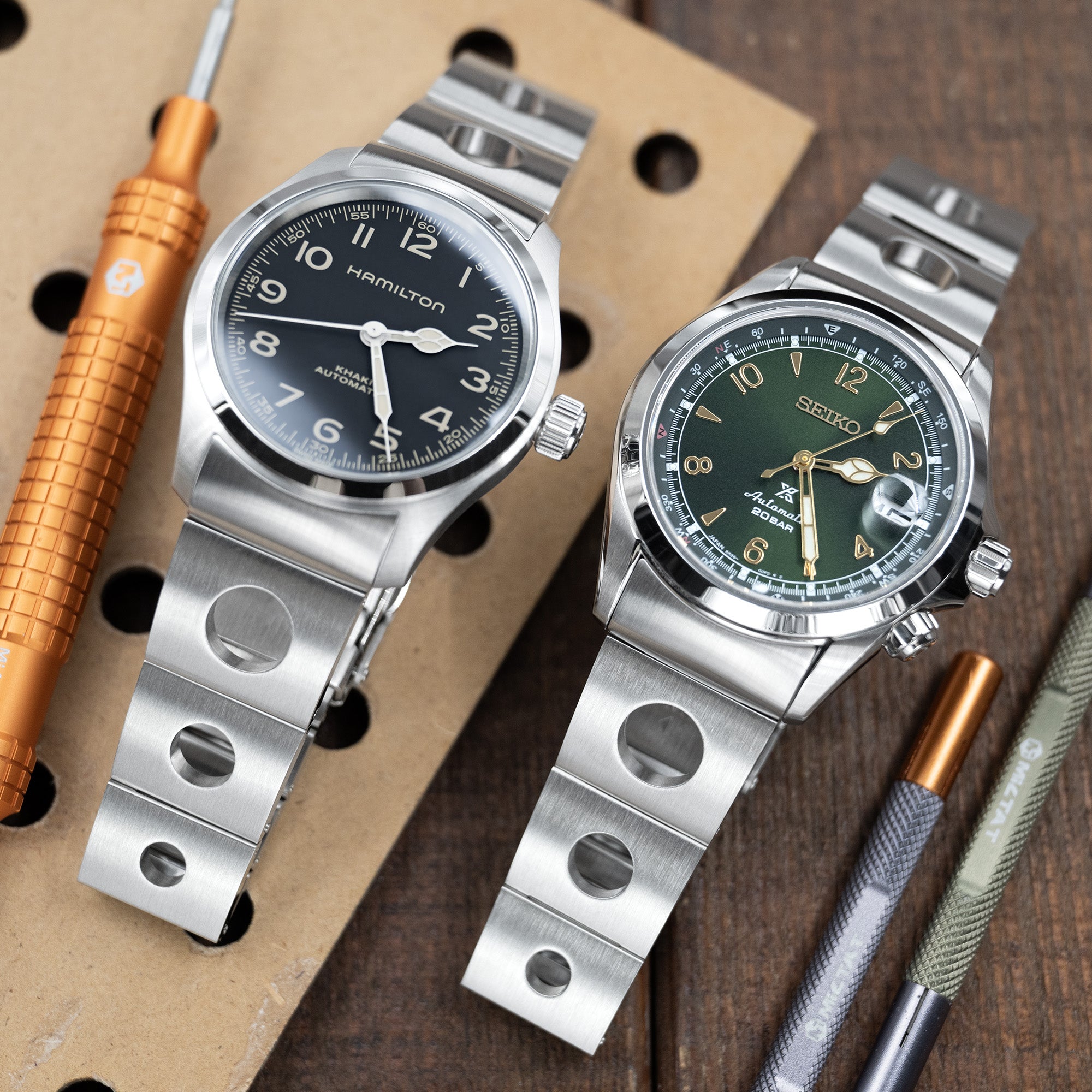 20mm Rollball II Watch Band for Seiko Alpinist SARB017 SPB155 SBEJ005 (compatible with Hamilton Khaki H70455733), Stainless Steel - Brushed, Baton Diver Clasp