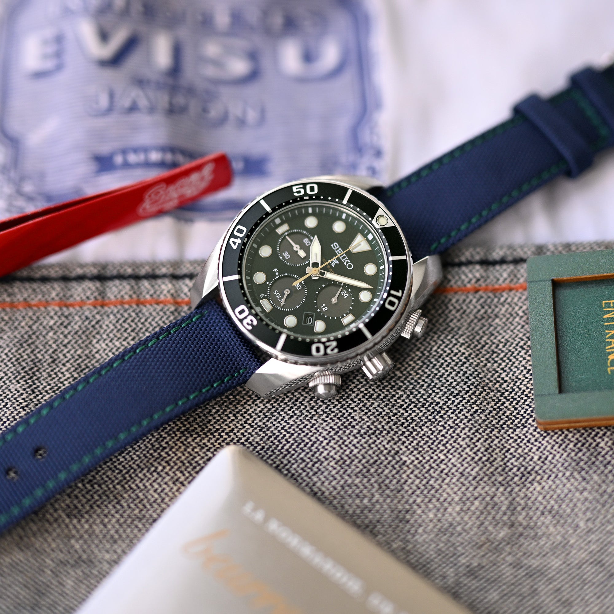 20mm Sailcloth Strap Navy Blue Quick Release Nylon Watch Band, Green Stitching