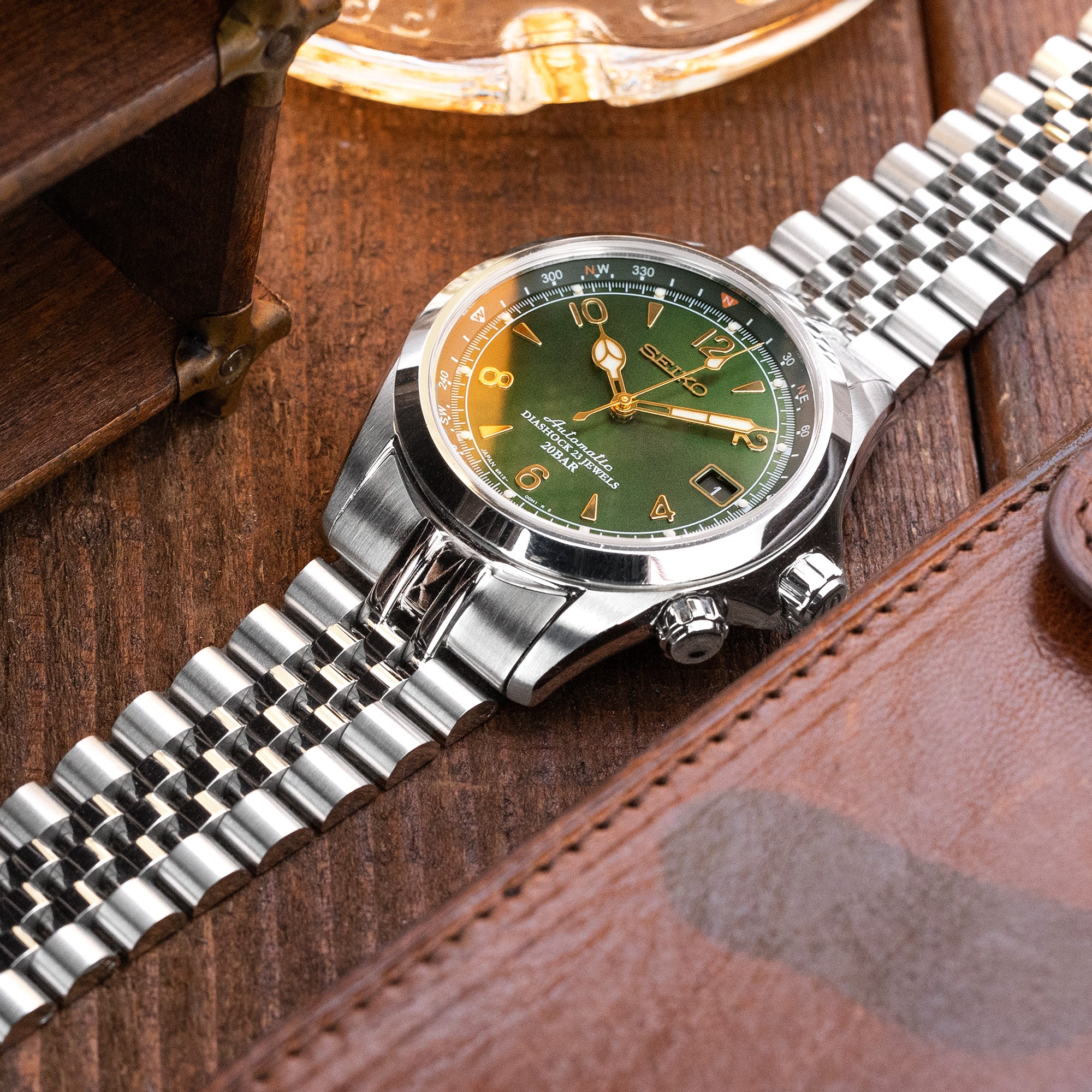 20mm Super-JUB II Watch Band for Seiko Alpinist SARB017 SPB155 SBEJ005 (compatible with Hamilton Khaki H70455733), Stainless Steel - Polished Center Links, V Diver Clasp