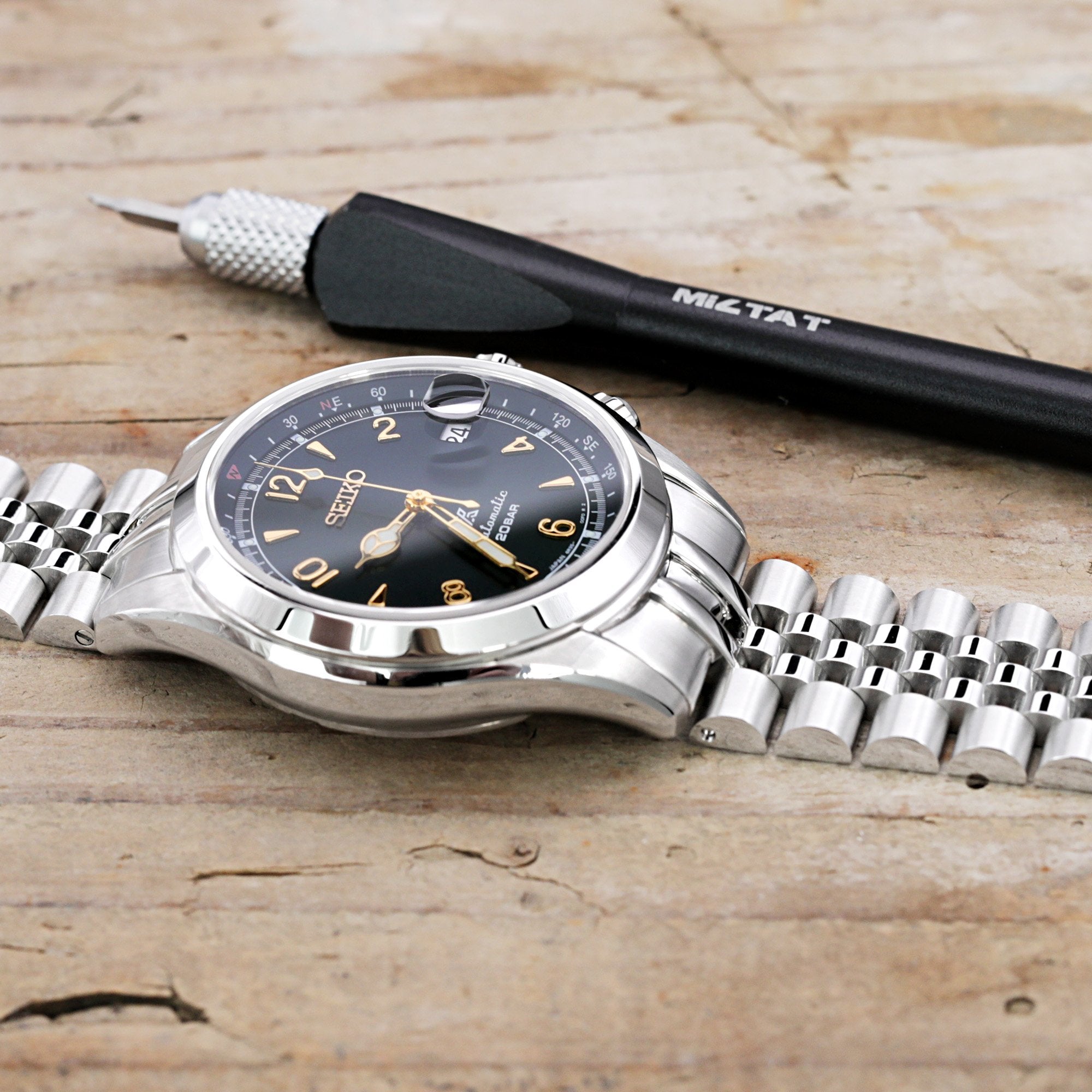 20mm Super-JUB II Watch Band for Seiko Alpinist SARB017 SPB155 SBEJ005 (compatible with Hamilton Khaki H70455733), Stainless Steel - Polished Center Links, V Diver Clasp