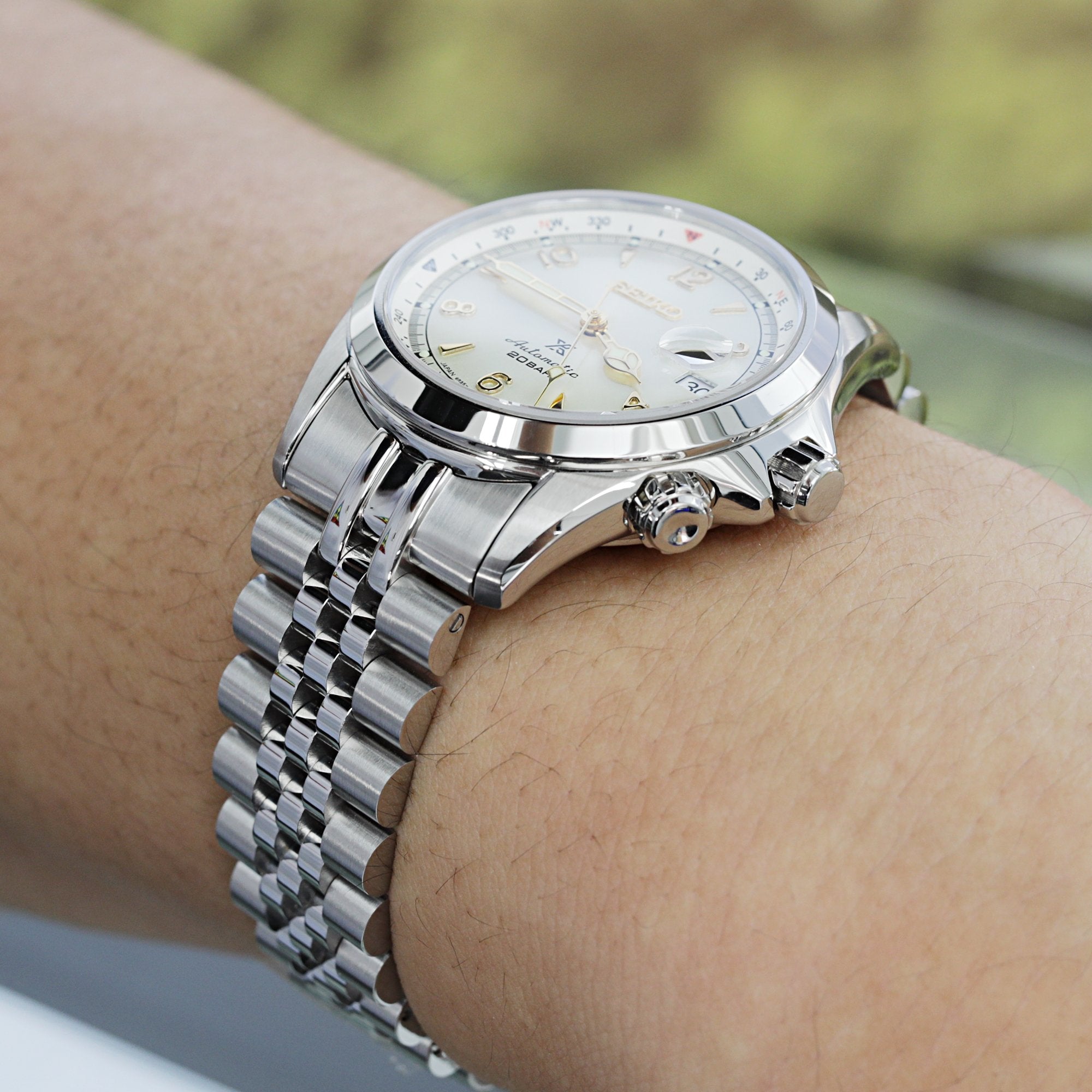 20mm Super-JUB II Watch Band for Seiko Alpinist SARB017 SPB155 SBEJ005 (compatible with Hamilton Khaki H70455733), Stainless Steel - Polished Center Links, V Diver Clasp