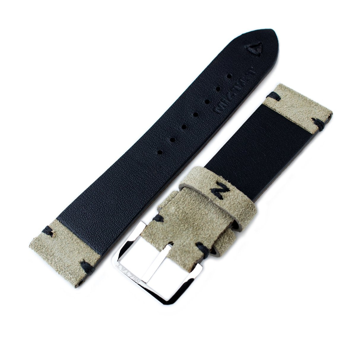 20mm, 21mm, 22mm MiLTAT Grey Green Genuine Nubuck Leather Watch Strap, Black Stitching, Polished Buckle