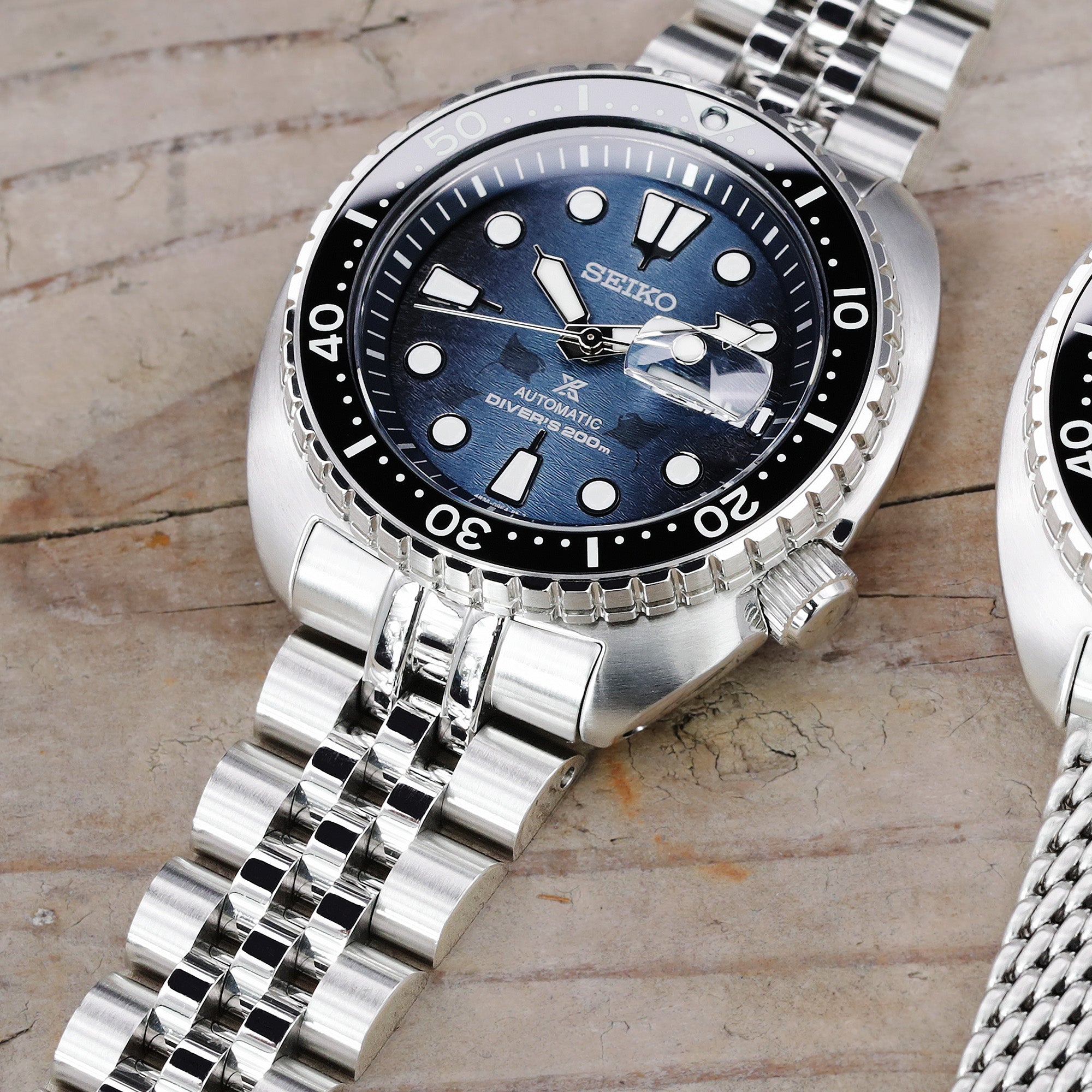 22mm Angus-J Louis JUB Watch Band for Seiko New Turtles SRP777 SRP775 SRPA21 (PADI), Stainless Steel - Brushed, Polished Center Links, V Diver Clasp