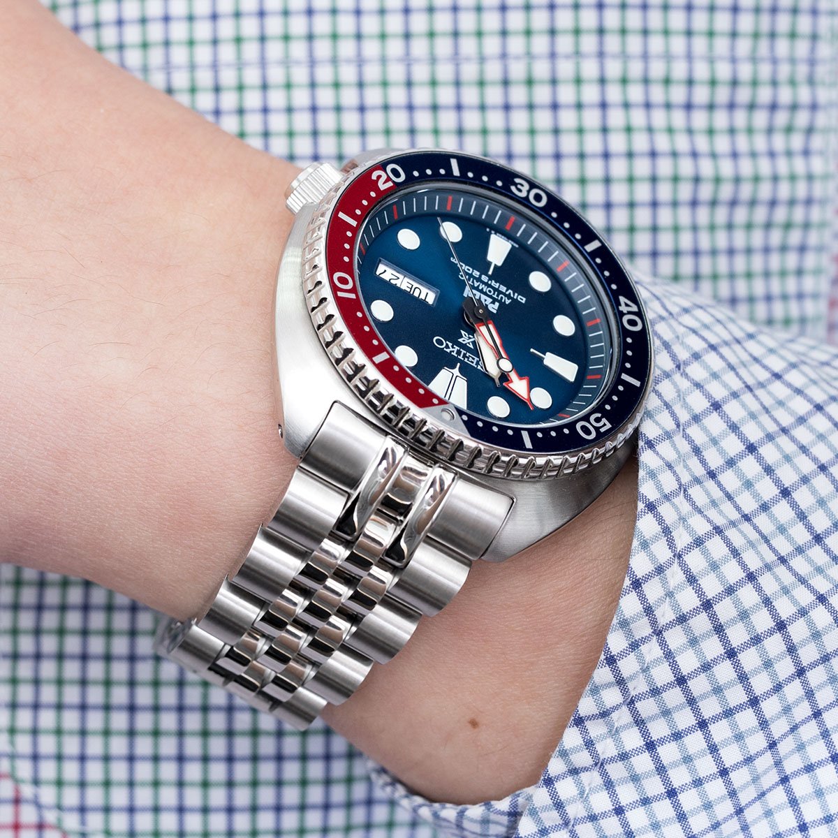 22mm Angus-J Louis JUB Watch Band for Seiko New Turtles SRP777 SRP775 SRPA21 (PADI), Stainless Steel - Brushed, Polished Center Links, V Diver Clasp