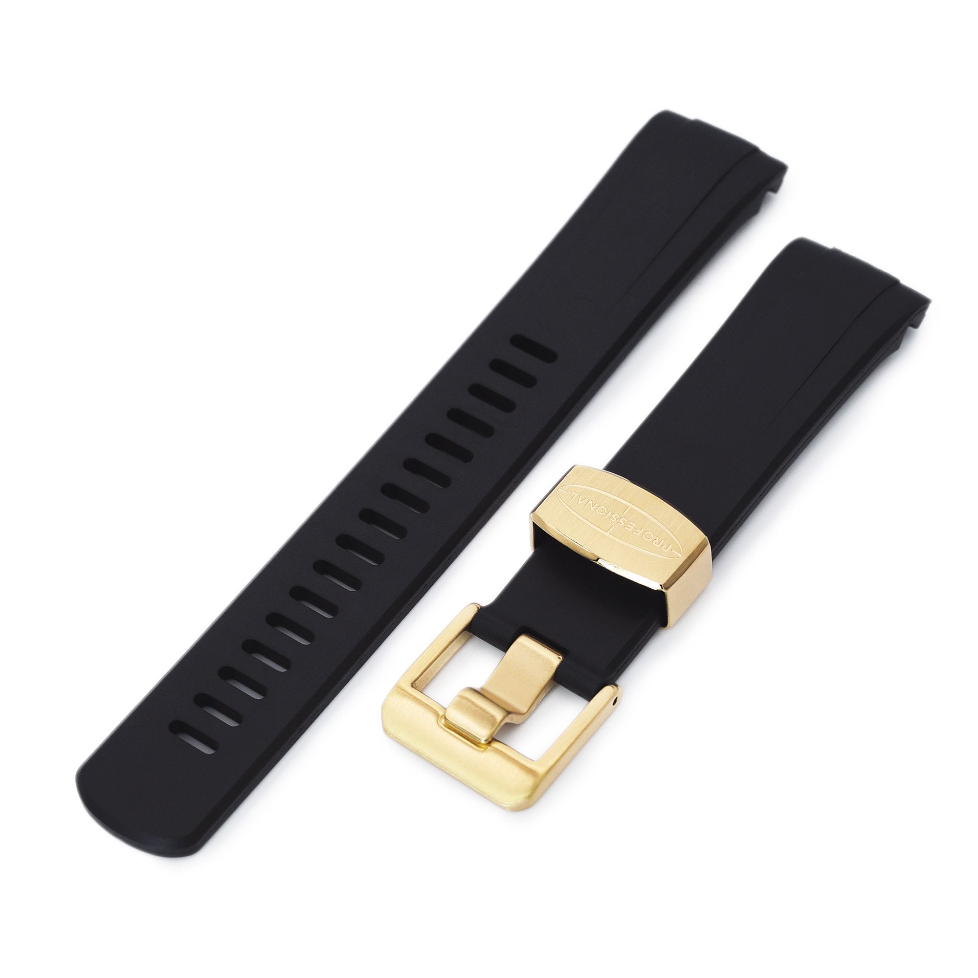 22mm Crafter Blue - Black Rubber Curved Lug Watch Band compatible with Seiko Gold Turtle SRPC44, IP Gold Buckle