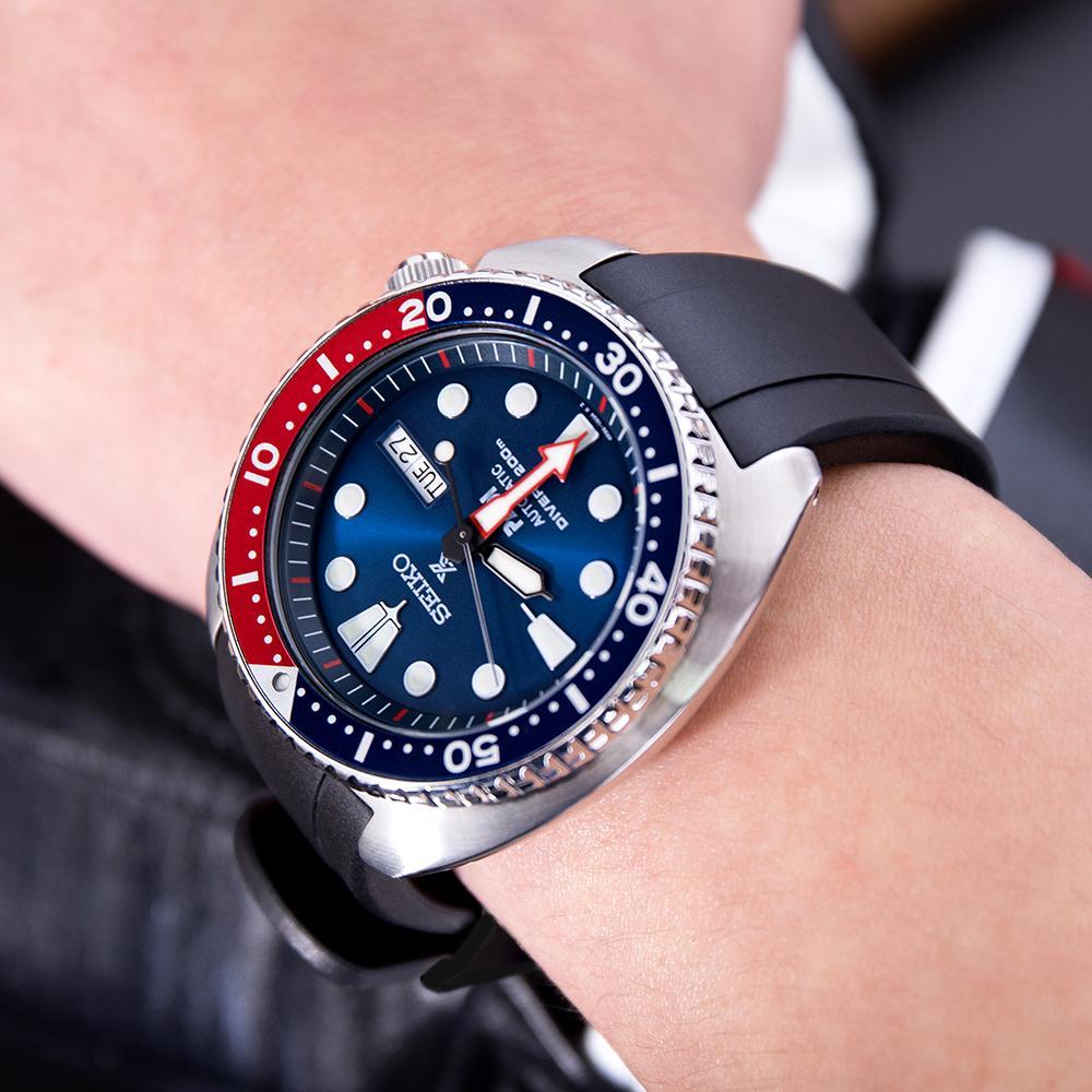 22mm Crafter Blue - Black Rubber Curved Lug Watch Band compatible with Seiko Turtle SRP777, PVD Black Buckle