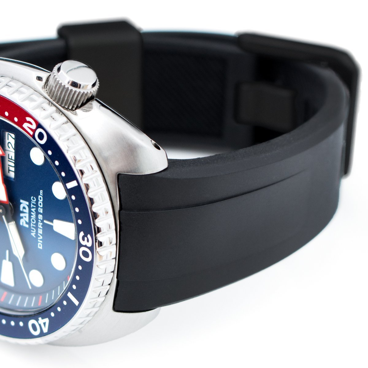 22mm Crafter Blue - Black Rubber Curved Lug Watch Band compatible with Seiko Turtle SRP777, PVD Black Buckle