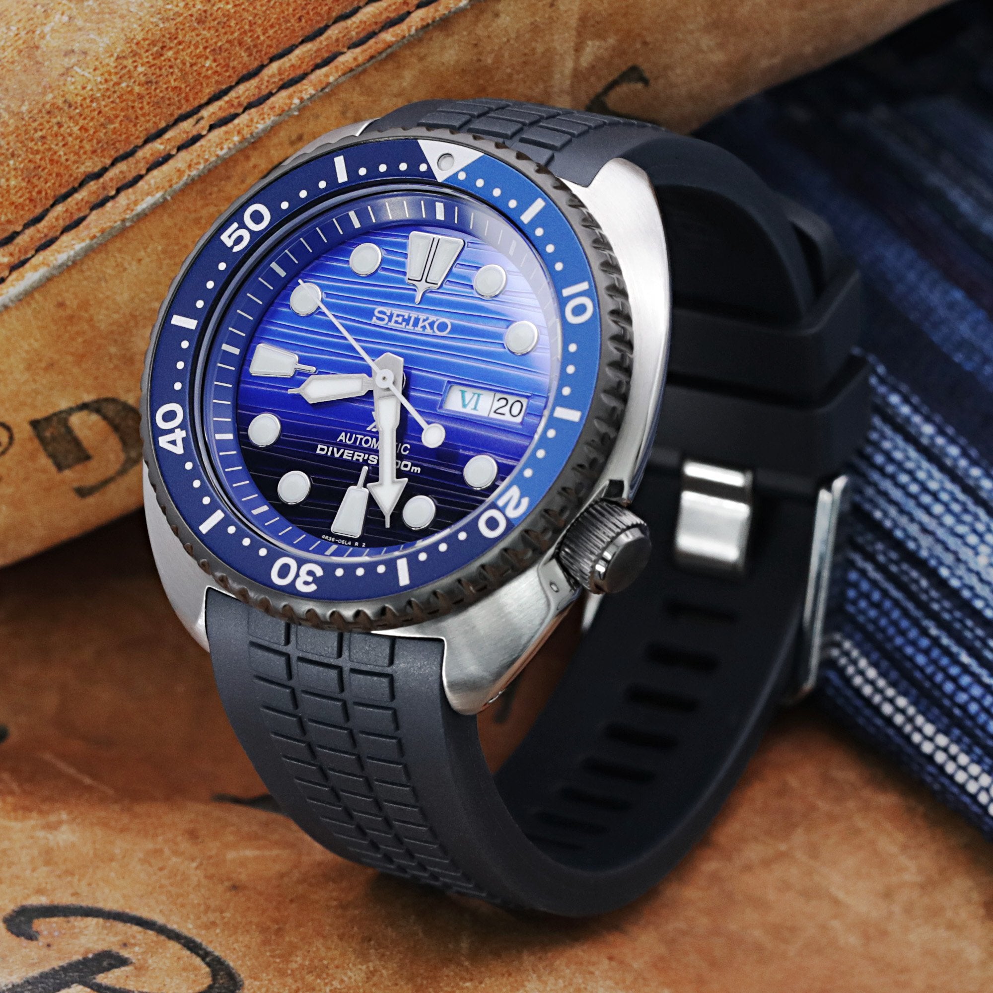 22mm Crafter Blue - CB12 Navy Blue Rubber Curved Lug Watch Strap compatible with Seiko new Turtles SRP777