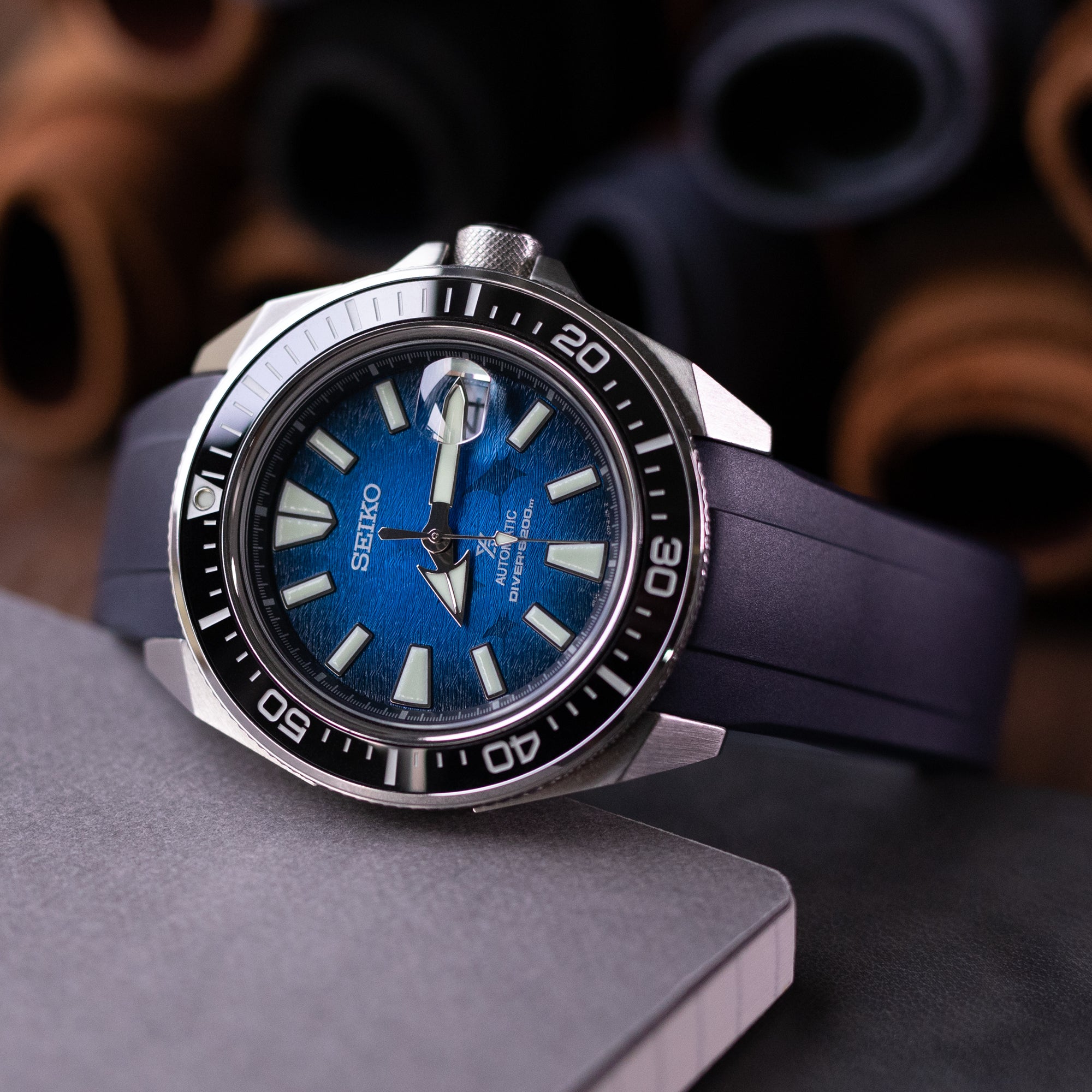 22mm Crafter Blue - Dark Blue Rubber Curved Lug Watch Strap compatible with Seiko Samurai SRPB51 & King Samruai