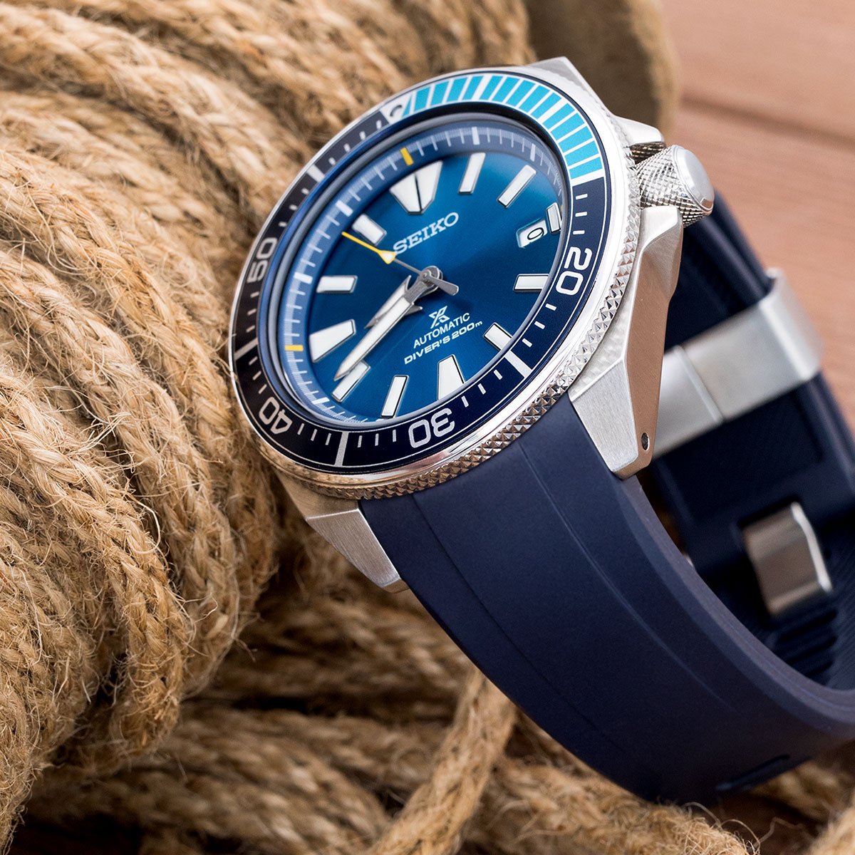22mm Crafter Blue - Dark Blue Rubber Curved Lug Watch Strap compatible with Seiko Samurai SRPB51 & King Samruai
