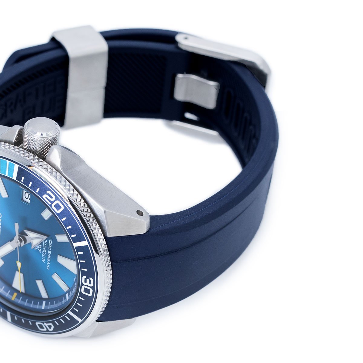 22mm Crafter Blue - Dark Blue Rubber Curved Lug Watch Strap compatible with Seiko Samurai SRPB51 & King Samruai