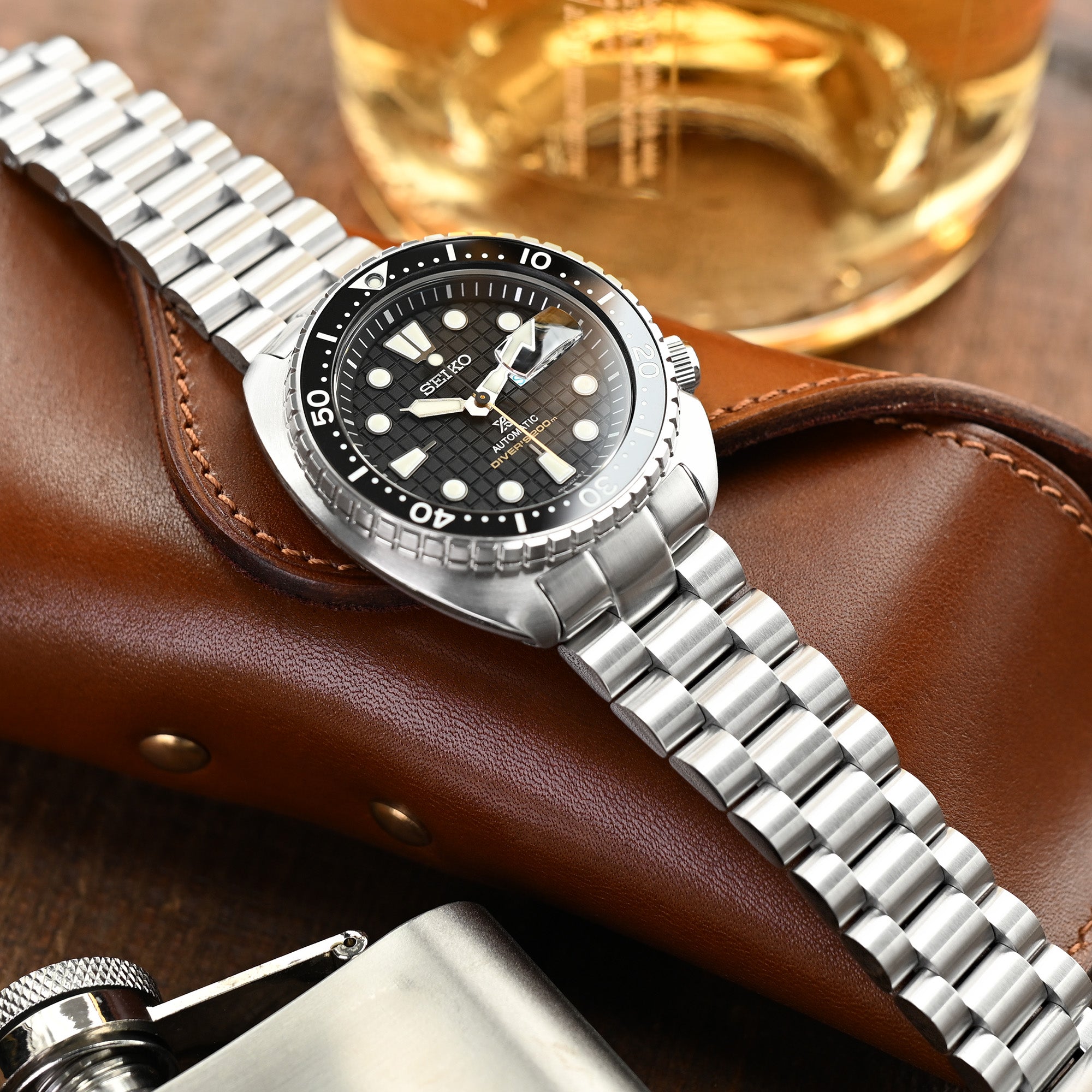 22mm Endmill Watch Band for Seiko New Turtles SRP777 SRP775 SRPA21 (PADI), Stainless Steel - Brushed, V Diver Clasp