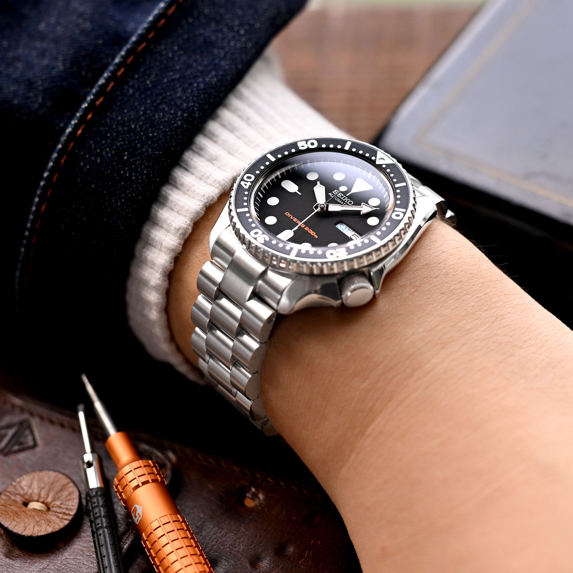22mm Endmill Watch Band for Seiko SKX007 SKX009 SKX011, Stainless Steel - Brushed, Diver Clasp