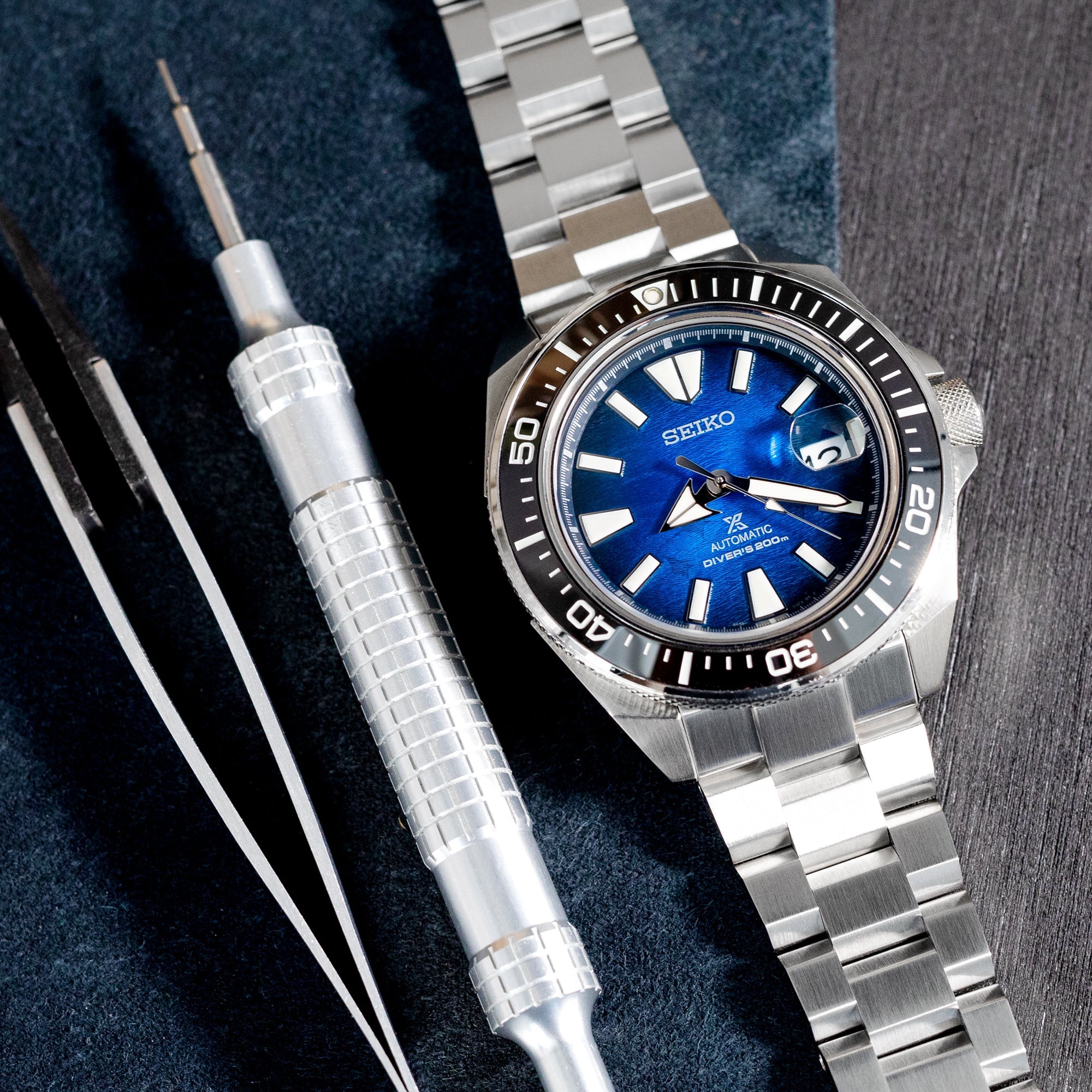22mm Hexad Watch Band for Seiko King Samurai SRPE33 SRPE37 SRPF79, Stainless Steel - Brushed, Wetsuit Ratchet Diver Clasp