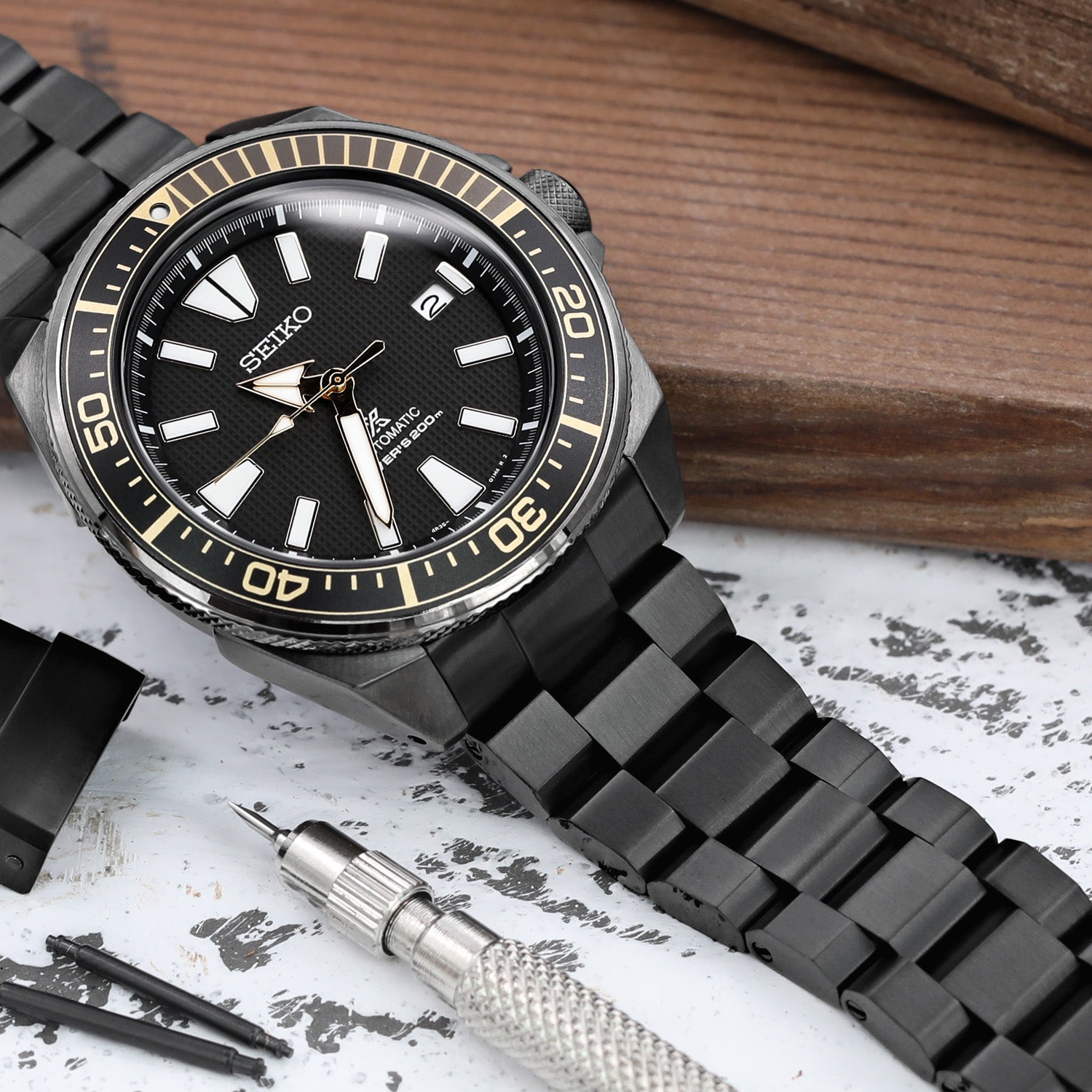 22mm Hexad Watch Band for Seiko Samurai SRPB51 SRPB09 SRPC93, Stainless Steel - Brushed (DLC) Black Coating, V Diver Clasp