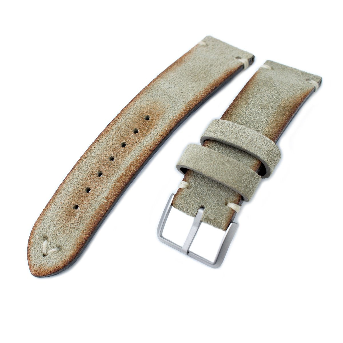 22mm MiLTAT Grey Green Genuine Nubuck Leather Watch Strap, Beige Stitching, Sandblasted Buckle