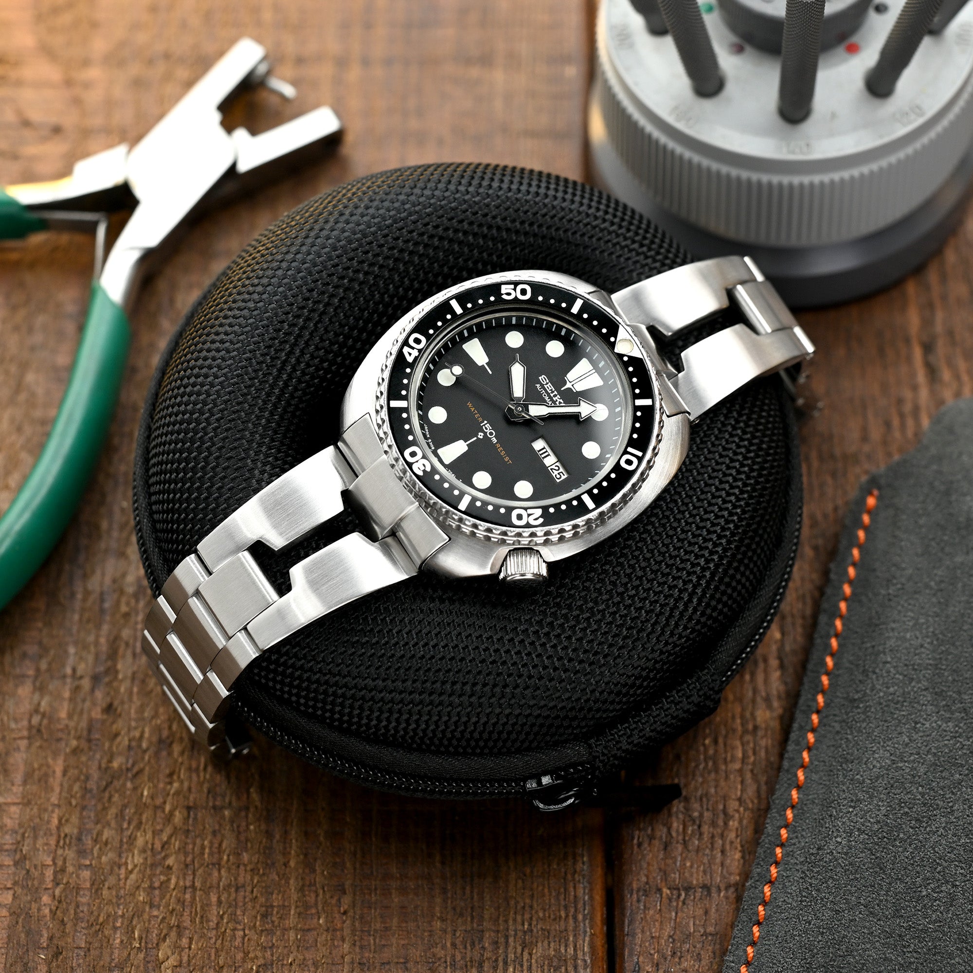 22mm Retro Shaver Blade Watch Band compatible with Seiko 6309-7040, 316L Stainless Steel Brushed V-Clasp