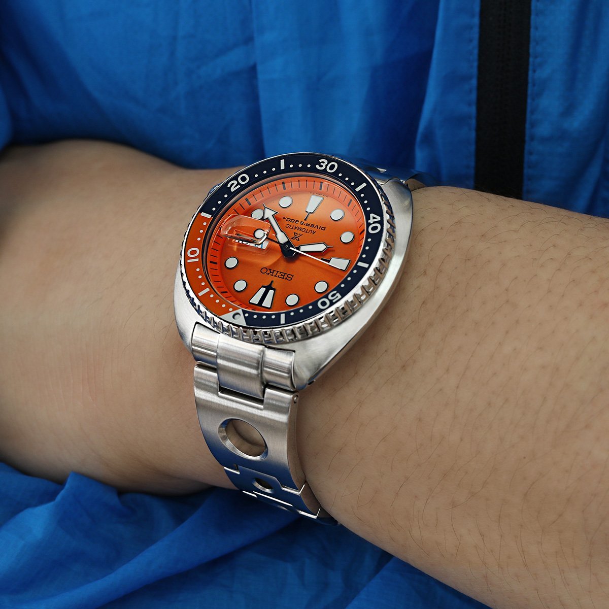22mm Rollball Watch Band for Seiko New Turtles SRP777 SRP775 SRPA21 (PADI), Stainless Steel - Brushed, V Diver Clasp