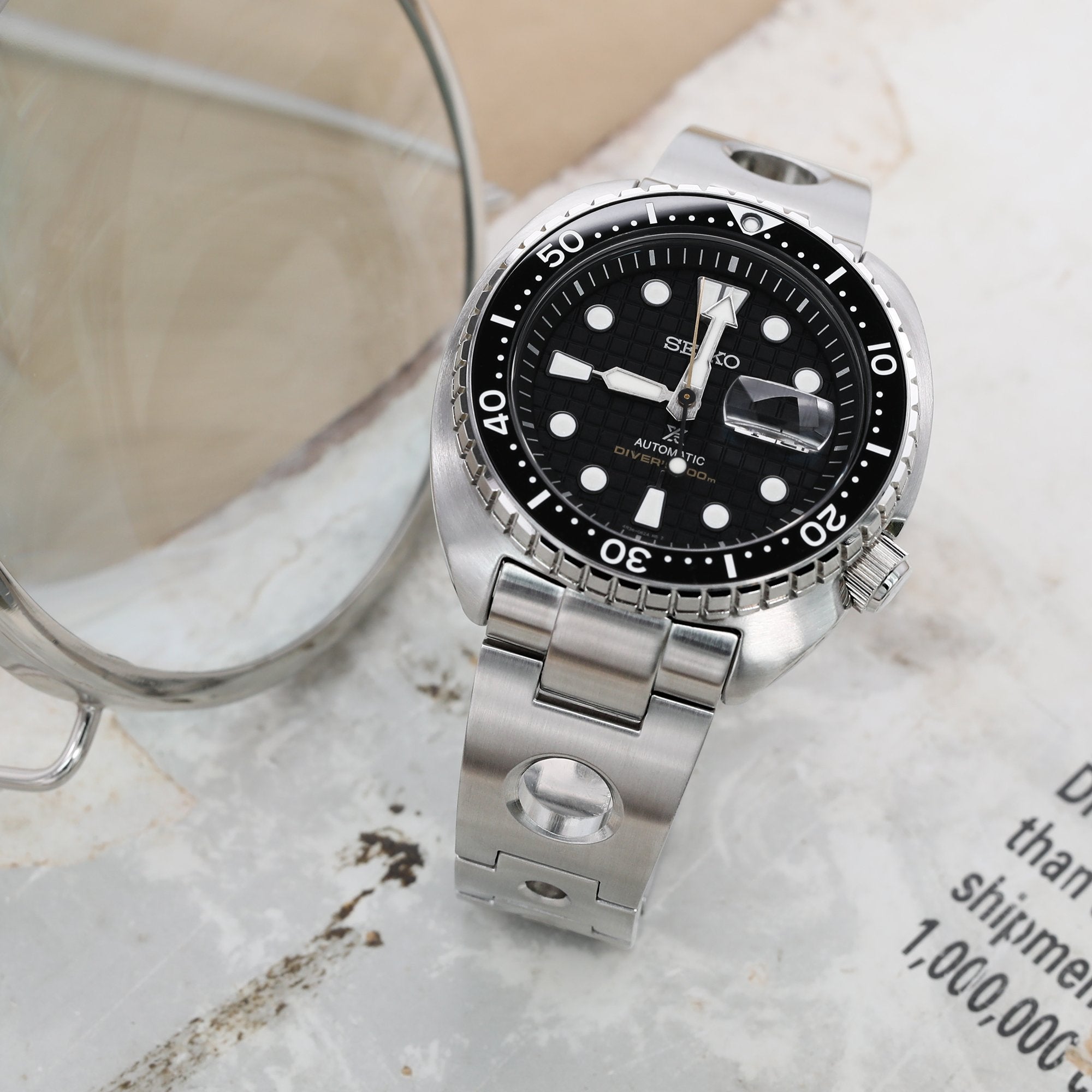 22mm Rollball Watch Band for Seiko New Turtles SRP777 SRP775 SRPA21 (PADI), Stainless Steel - Brushed, V Diver Clasp