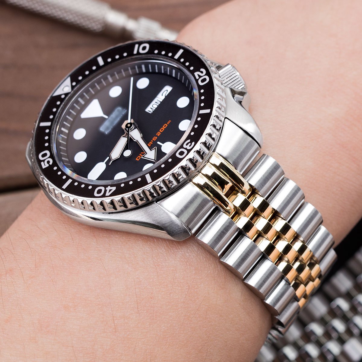 22mm Super-J Louis JUB Watch Band compatible with Seiko SKX007, 316L Stainless Steel Two Tone IP Gold with 2T SUB Clasp