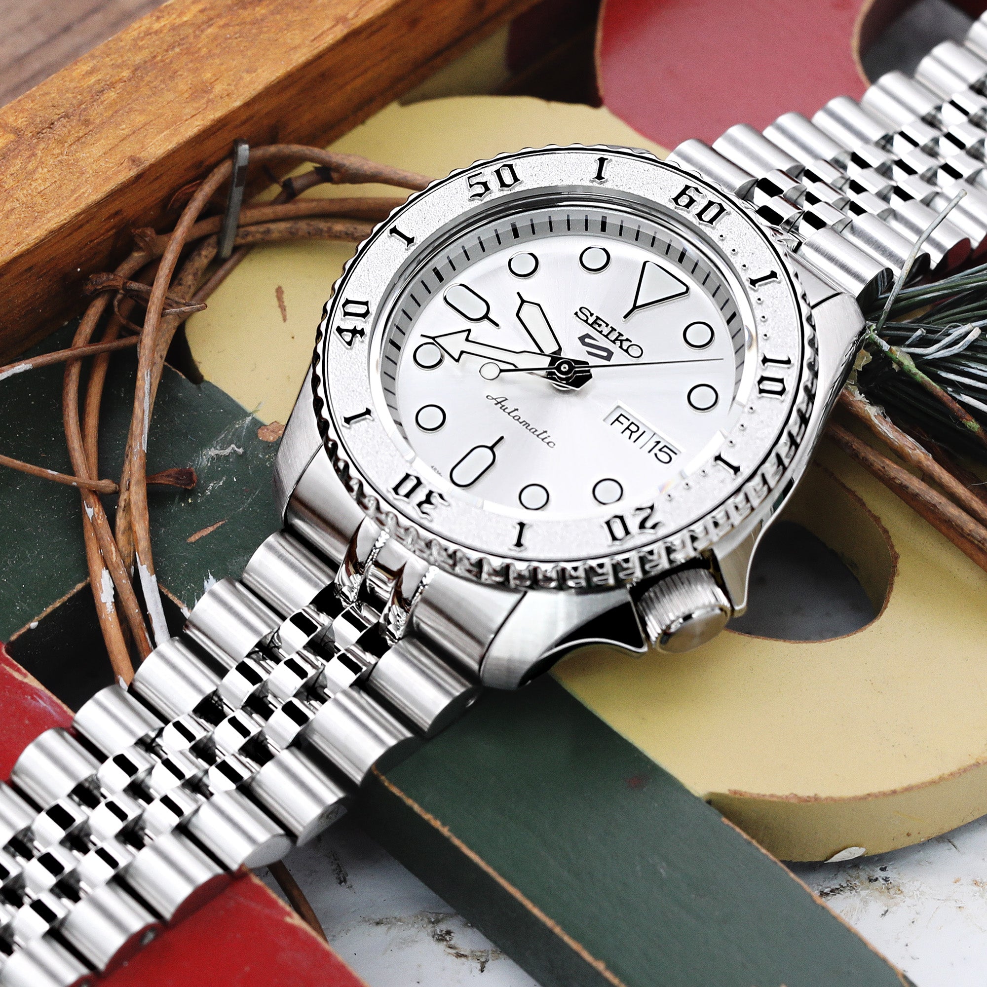 22mm Super-J Louis JUB Watch Band for Seiko 5 Sports 42.5mm SRPD51 SRPD55 SBSA003, Stainless Steel - Brushed, V Diver Clasp