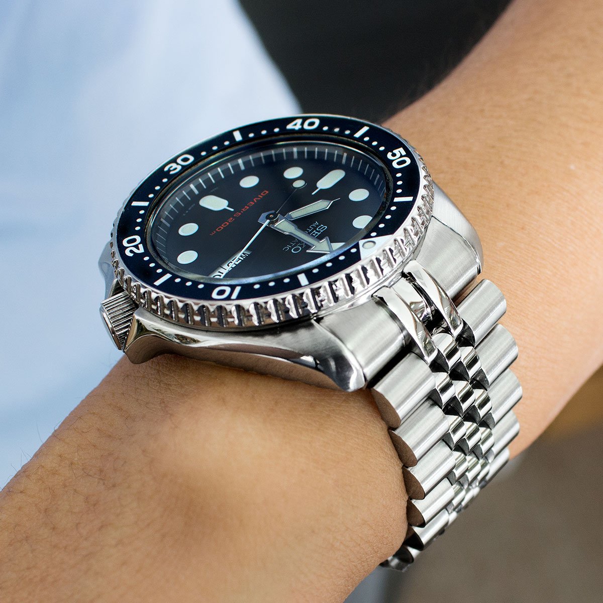 22mm Super-J Louis JUB Watch Band for Seiko SKX007 SKX009 SKX011, Stainless Steel - Brushed, Polished Center Links, Diver Clasp